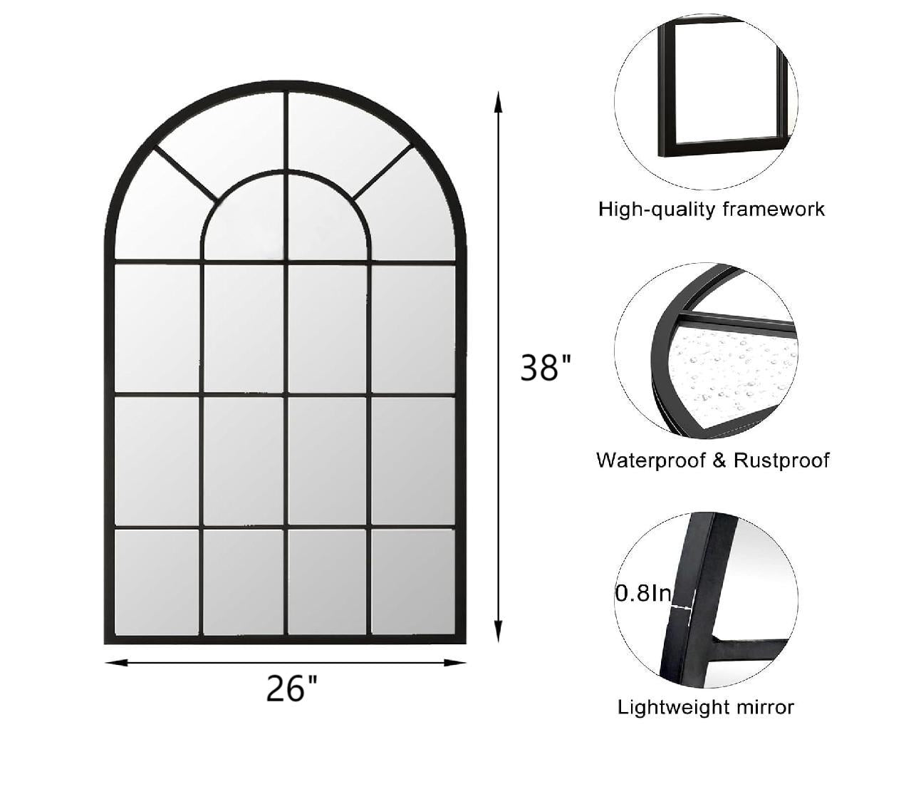 EDX Arched Windowpane Mirror, Wall Decor Art Mirror for Livingroom Bathroom Entryway, Black