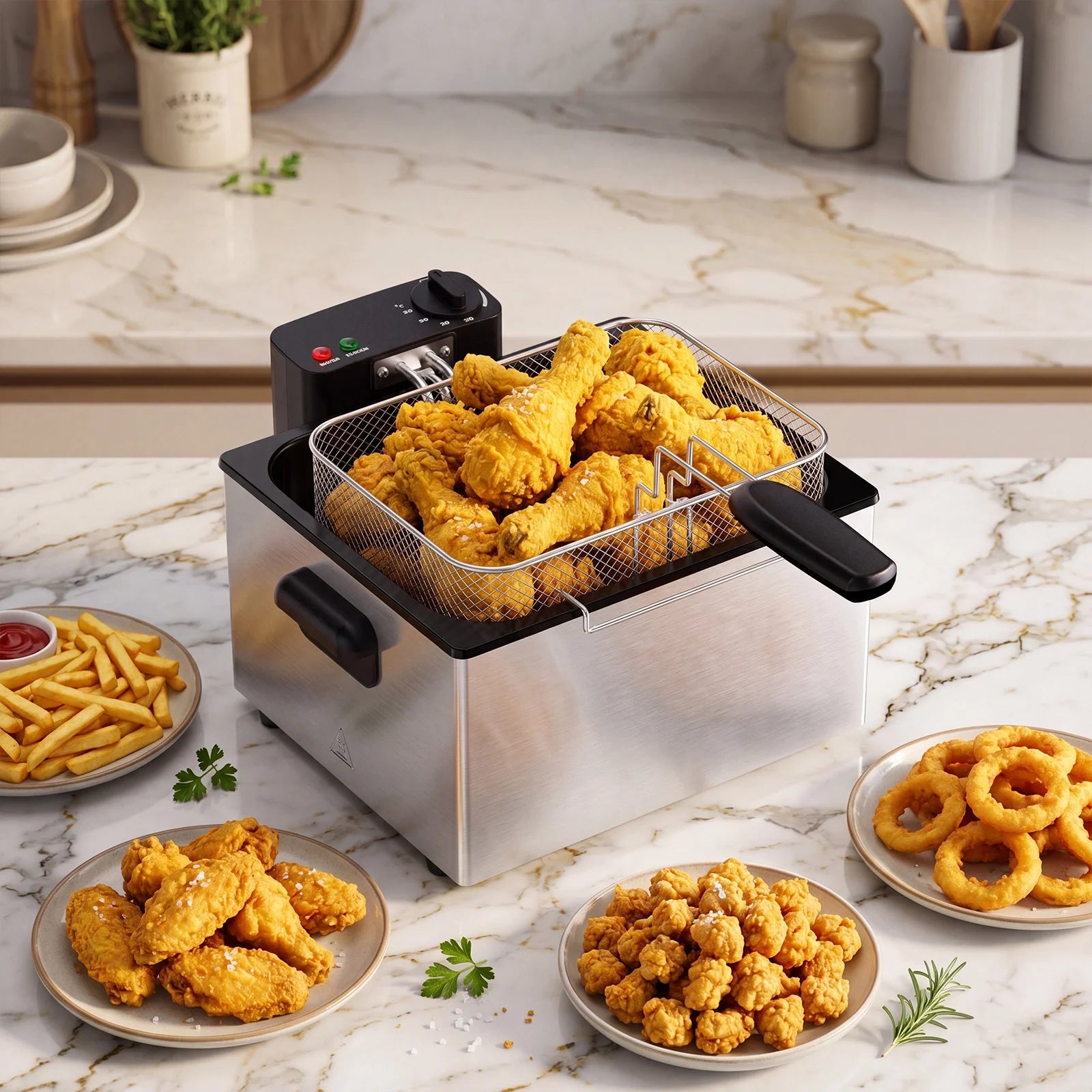 EDX Stainless Steel Deep Fryer with 3 Baskets, 1700W, 4 Adjustable Temp for Fried Chicken, Shrimp, French Fries, Silver