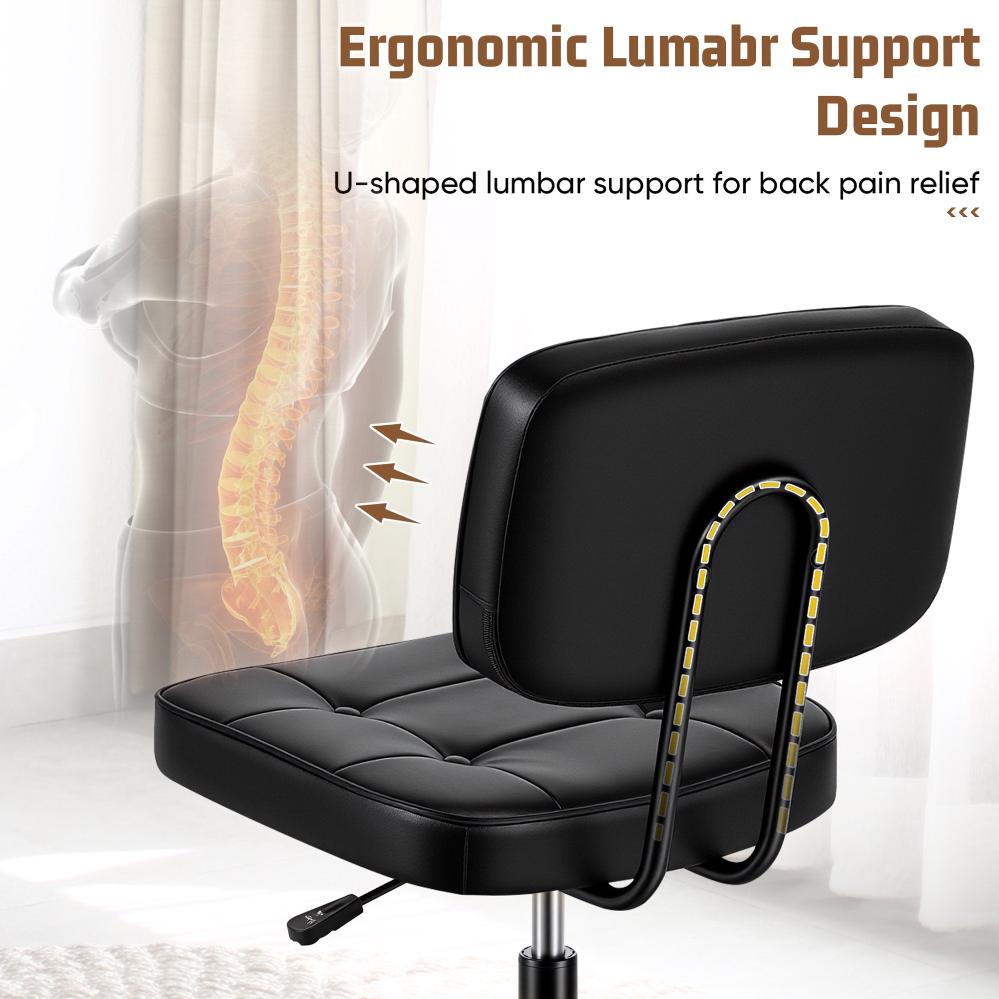 edx Armless Office Chair with Wheels for Adults and Teens, Low Back Lumbar Support and Height Adjustment Office Desk Chair