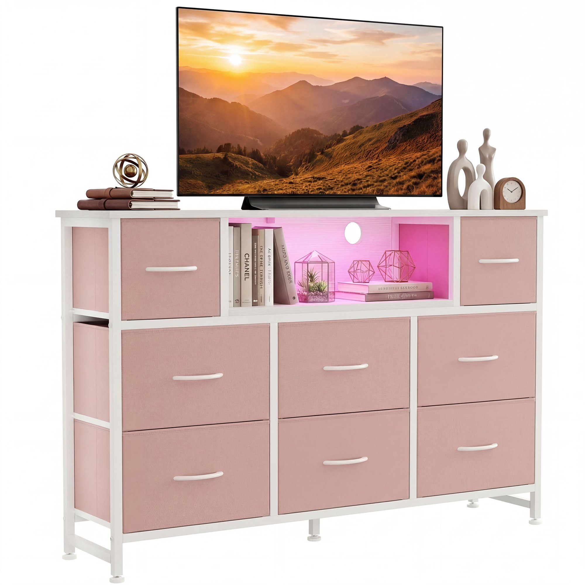 edx TV Stand with 8 Fabric Drawers, Open Shelves & LED & Power Outlets for Bedroom, Living Room, Entryway, Wood Top