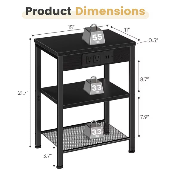 edx 3-Tier Nightstand with Charging Station, Adjustable Height Bedside Table with Storage Shelf, for Bedroom & Living Room, Easy Assembly, 55 LBS Capacity, Black