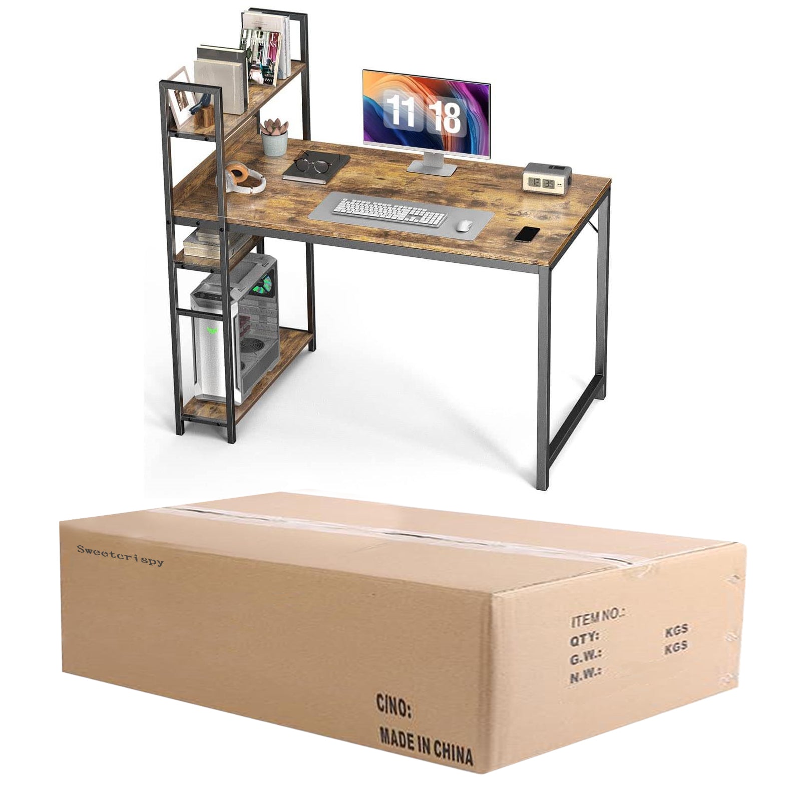 edx Wood Office Desk with Storage Removable Middle Shelf for Dorm, Student, Gaming
