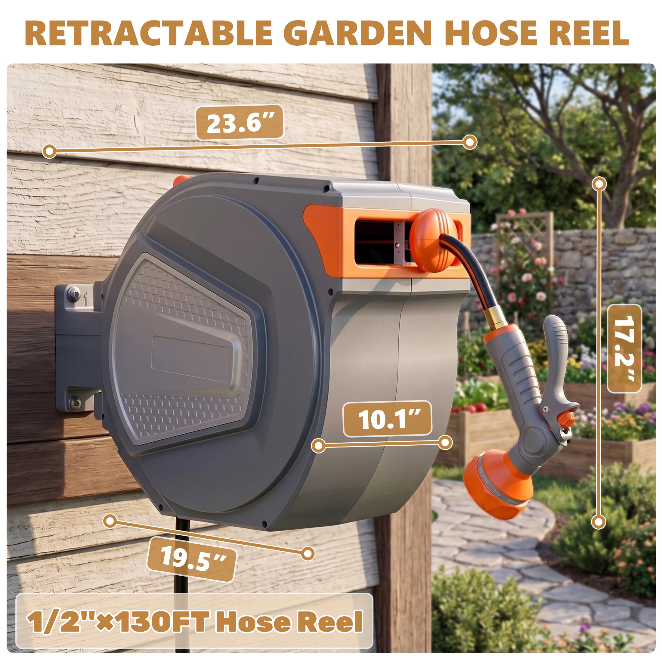 EDX Garden Hose Reel, 1/2 inch Wall-Mounted Hose Storage with Crank Handle for Yard and Garden, Gray