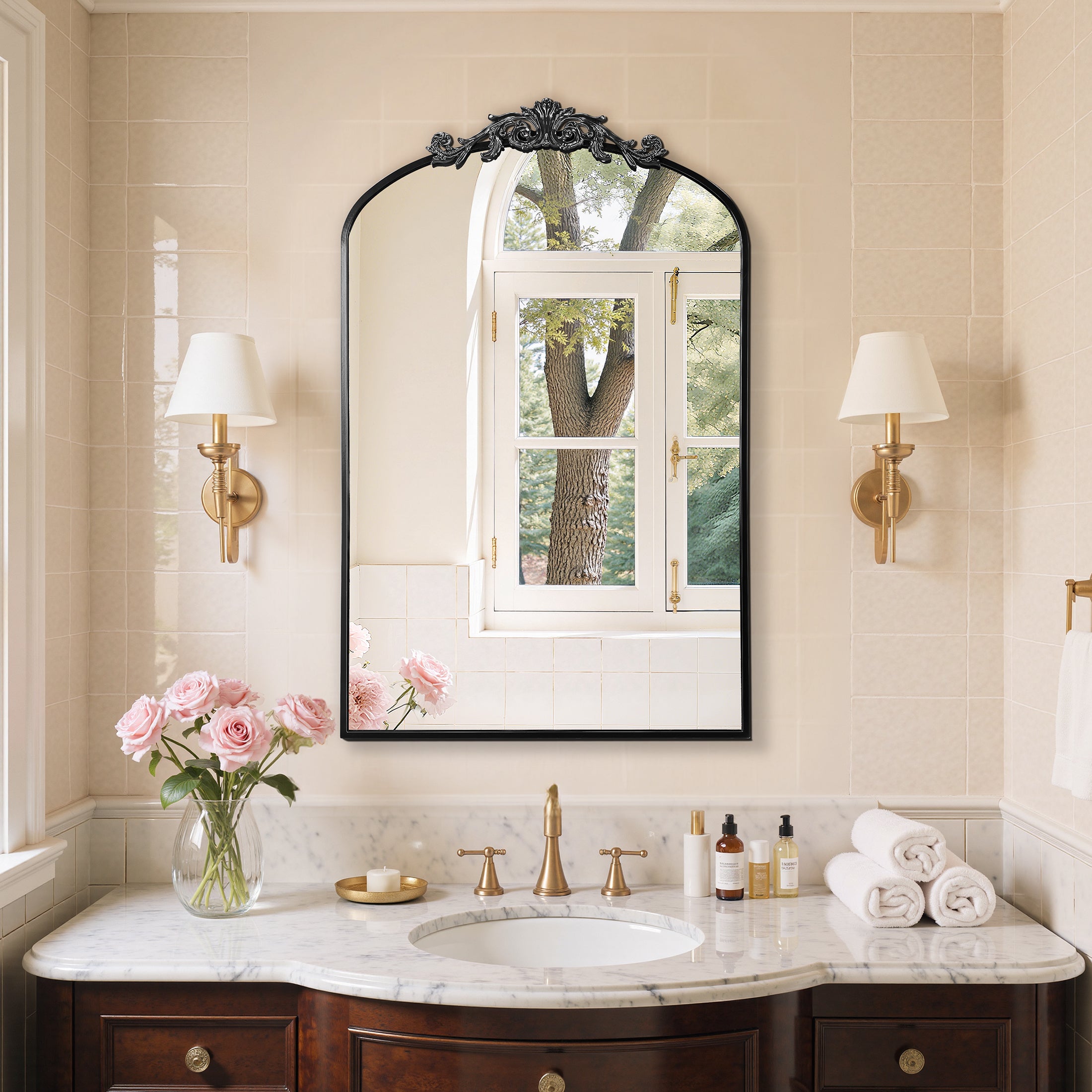 EDX Antique Arched Mirror, Vintage Aluminium Thin Frame, Wall Decor for Bathroom, Black