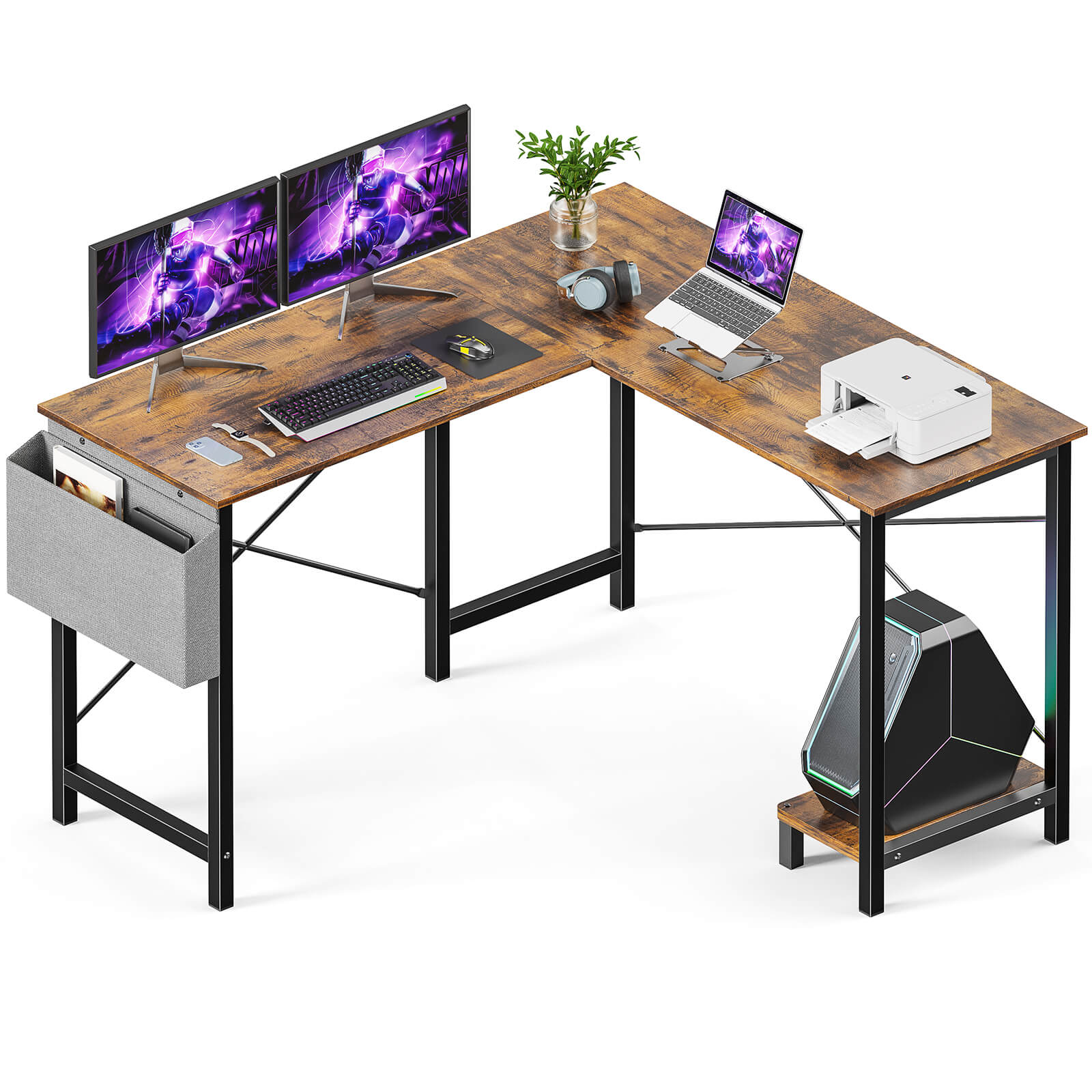 edx L-Shaped Computer Desk - 50" Corner Gaming Table with Console Shelf and Side Storage Pocket for Office, Bedroom, Living Room