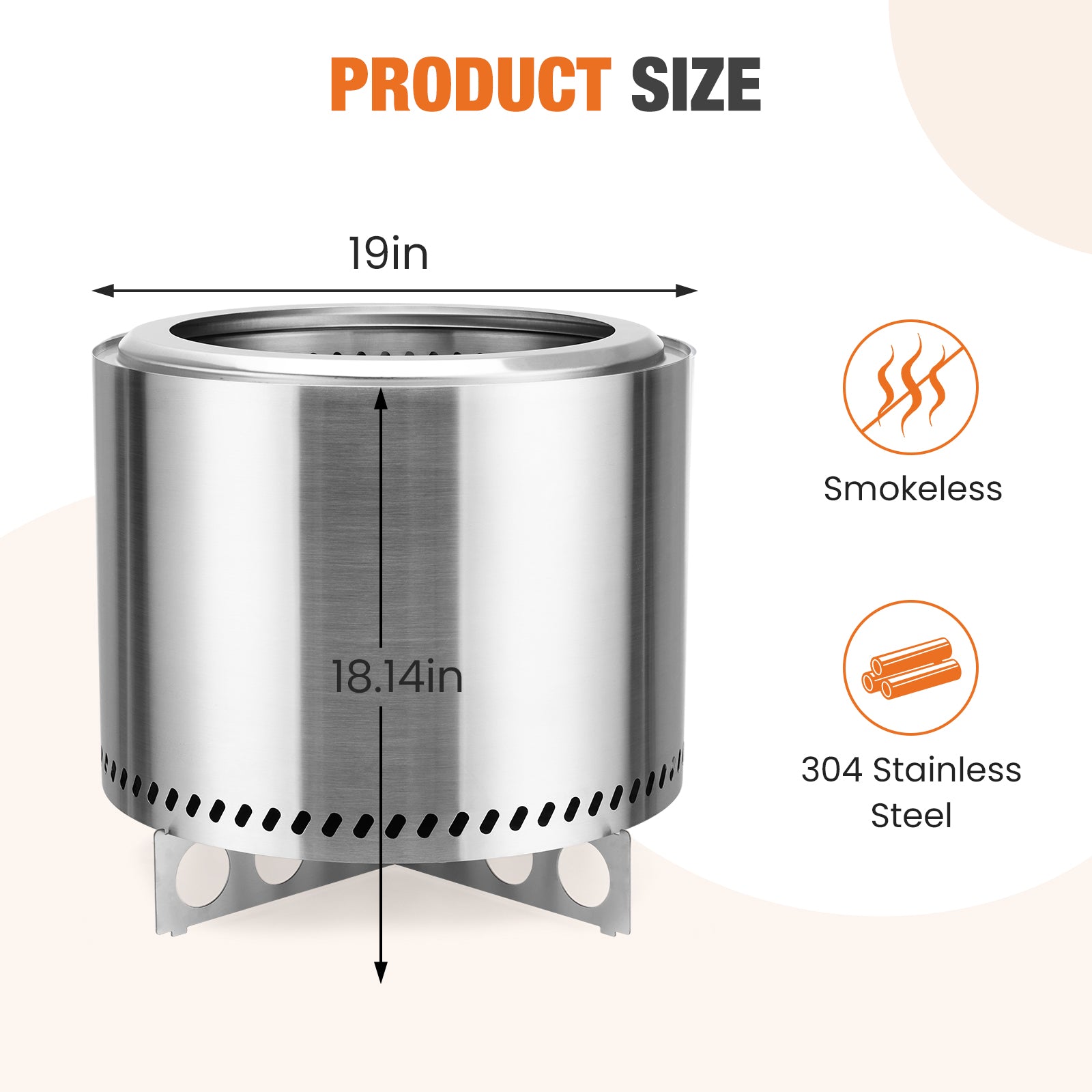 EDX 19" Smokeless Wood-Burning Fire Pit - Stainless Steel Outdoor Heater with Carry Bag, Silvery