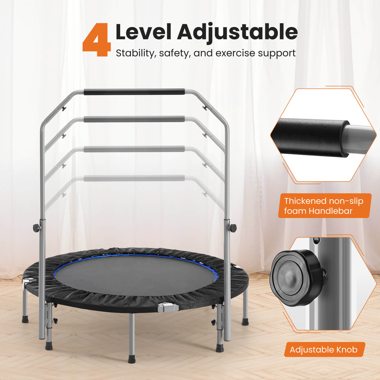 edx 40"/48" Foldable Mini Trampoline for Adults, Rebounder Trampoline for Adults with Adjustable Bar
