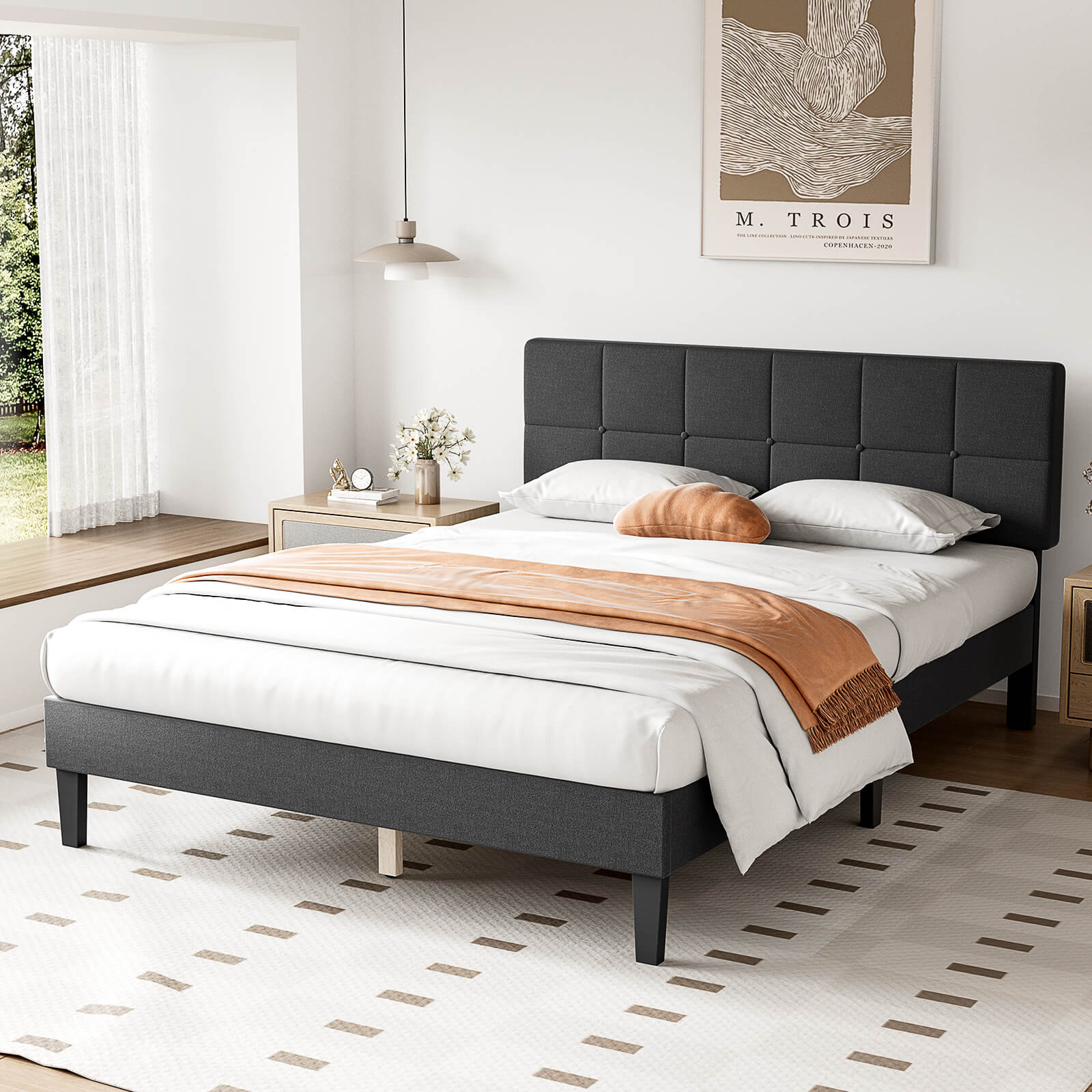 edx Platform Bed Frame with Headboard-No Box Spring Needed, Linen Upholstered Bed Frame with Wood Slats Support, Noise Free