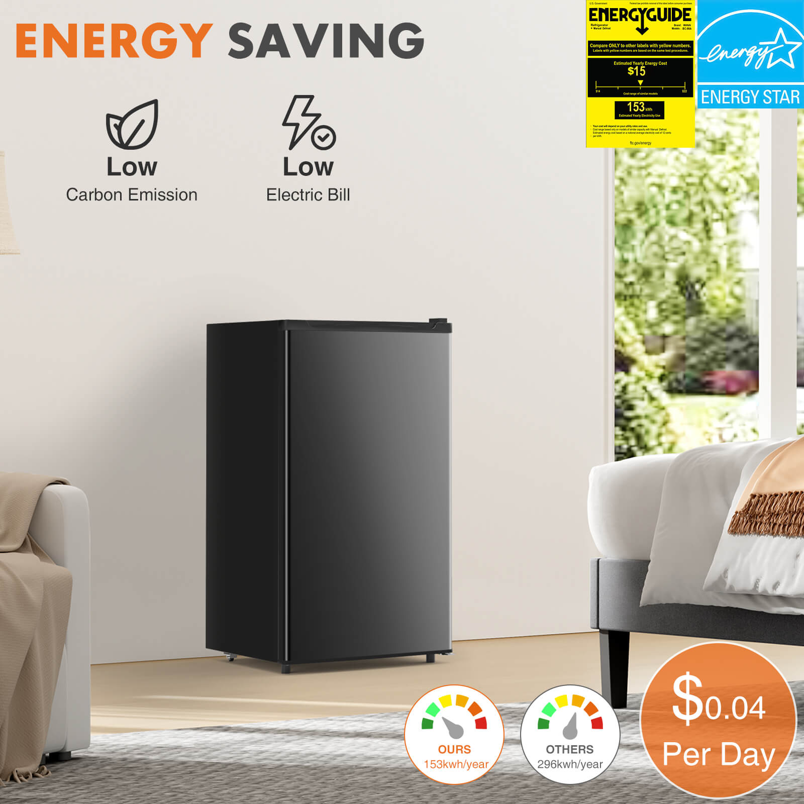 edx Mini Fridge with Freezer,3.2 Cu.Ft Small Refrigerator Single Door Adjustable Thermostat Energy-efficient Low Noise