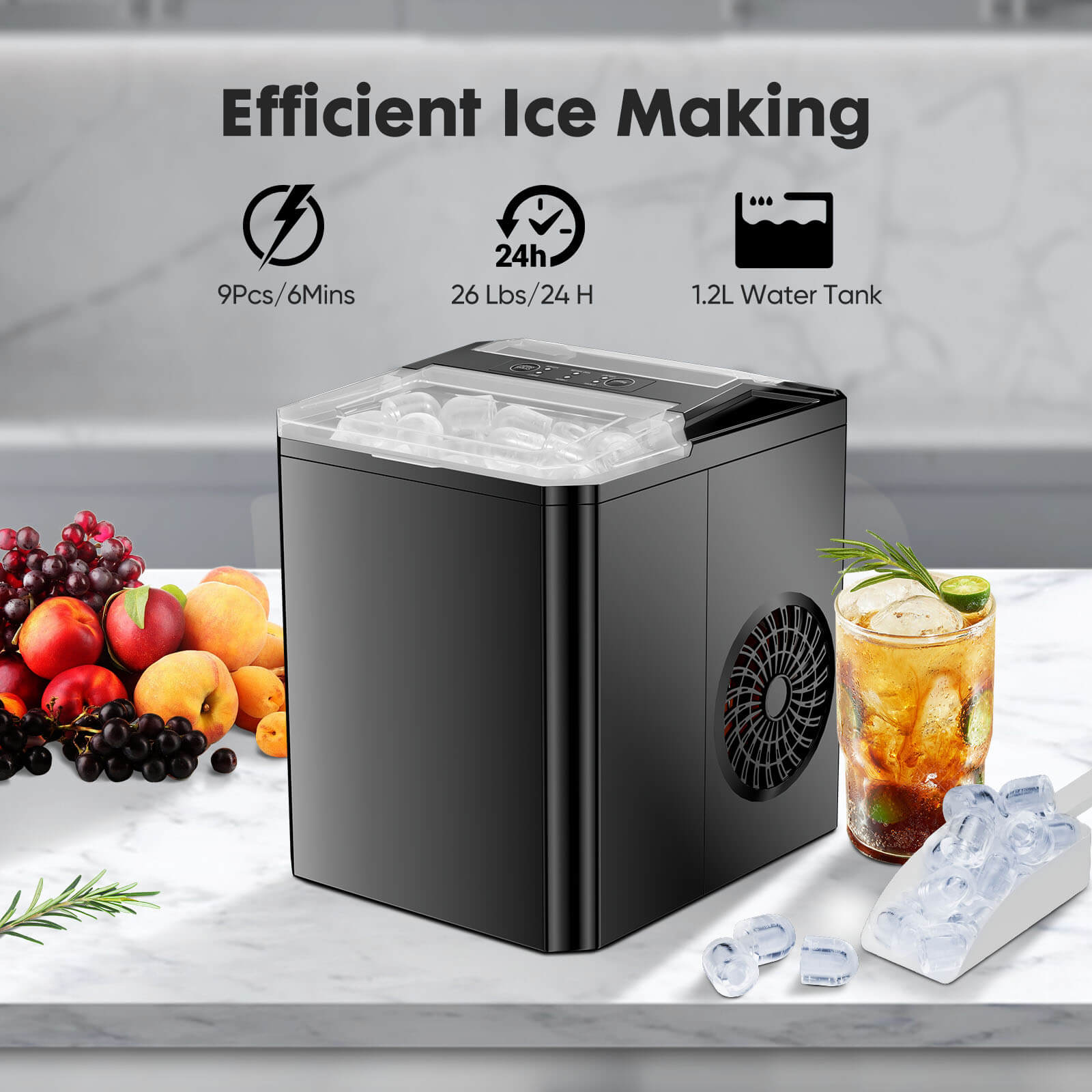 edx Countertop Ice Maker, Portable Ice Machine Self-Cleaning, 9 Cubes in 6 Mins, for Home Party Office