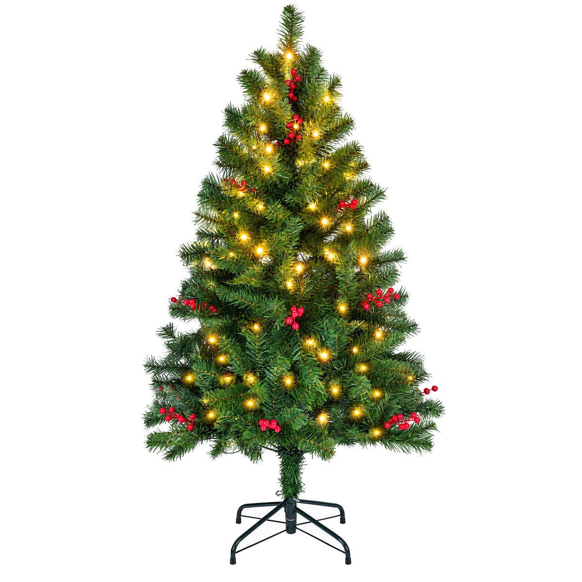 EDX Pre-lit Artificial Christmas Tree, Prelighted Green Artificial Xmas Tree with Red Berries, 120 Warm White LED Lights, Branch Tips & Foldable Base, For Home, Office, Party Decoration