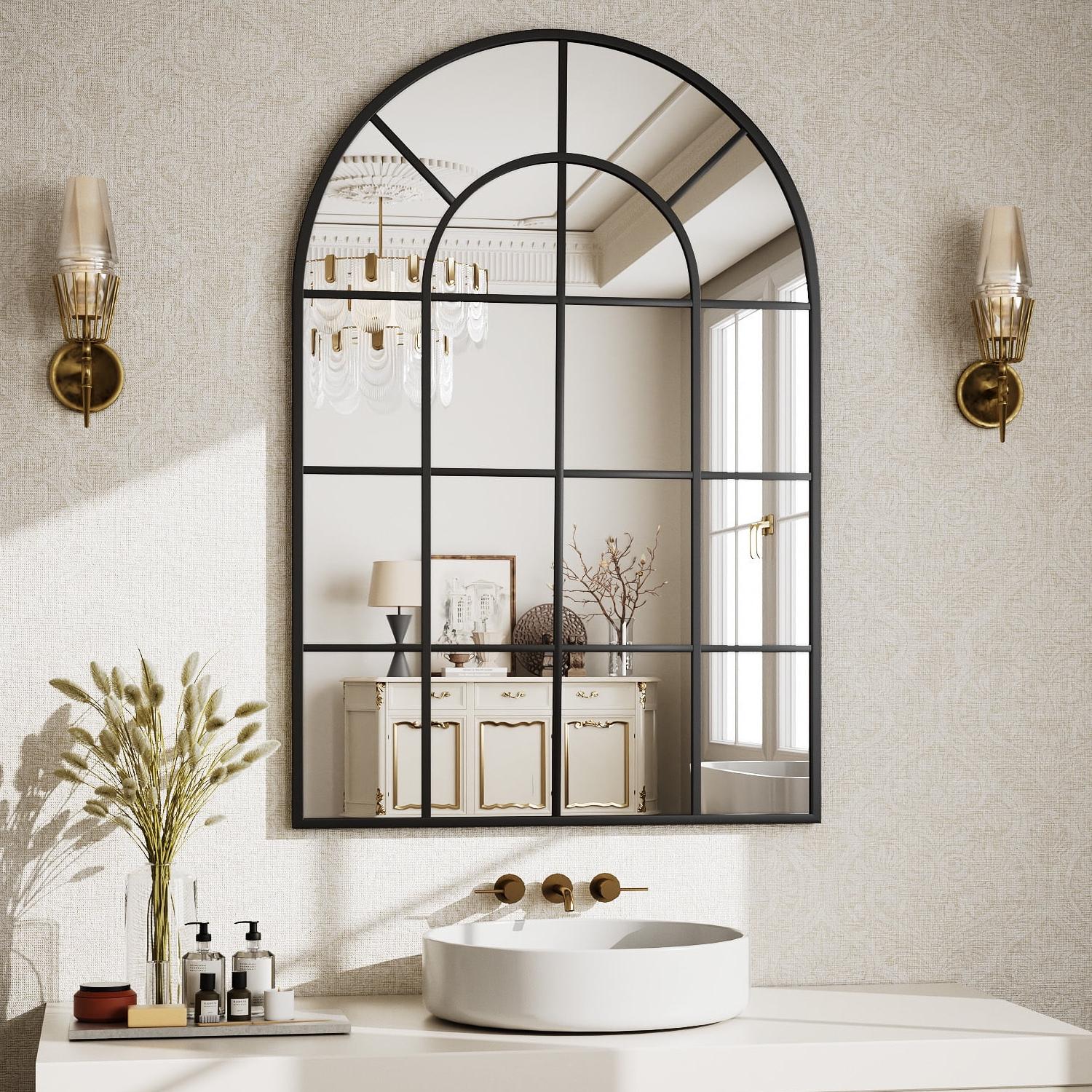 EDX Arched Windowpane Mirror, Wall Decor Art Mirror for Livingroom Bathroom Entryway, Black