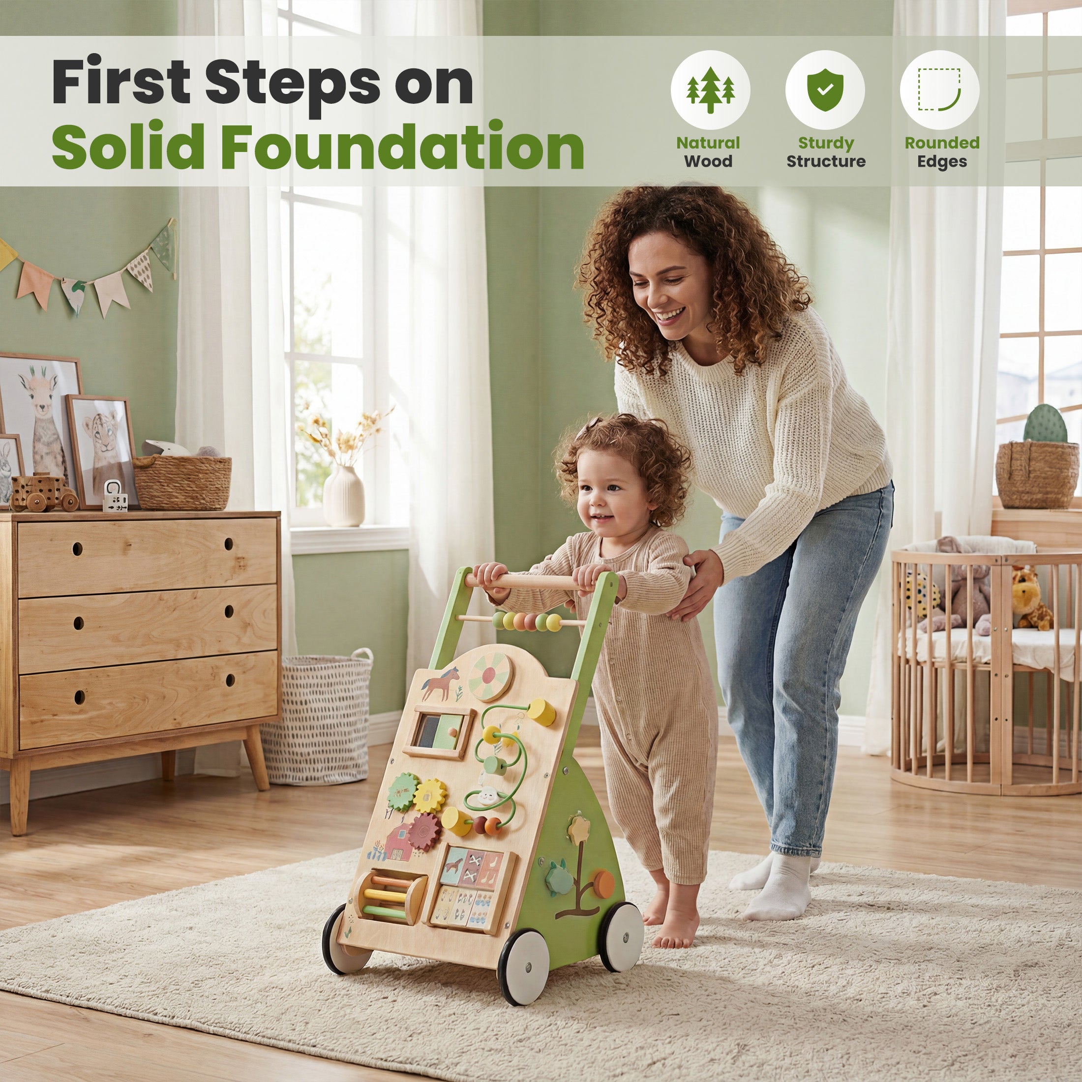 EDX Wooden Baby Walker, Adjustable Speed Montessori Learning Toy with Activity Center, Silent Rubber Wheels for Babies 12 Months