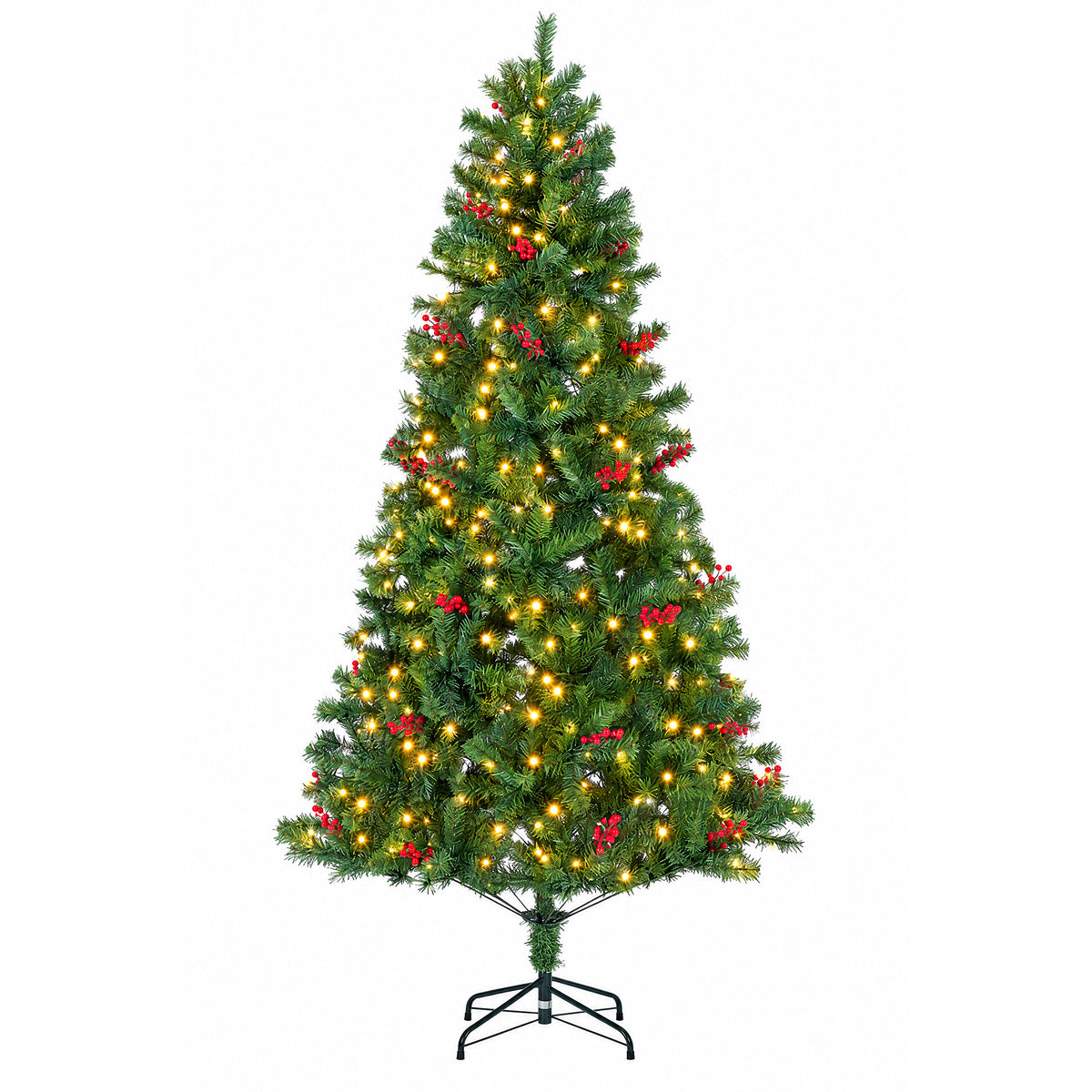 EDX Pre-lit Artificial Christmas Tree, Prelighted Green Artificial Xmas Tree with Red Berries, 120 Warm White LED Lights, Branch Tips & Foldable Base, For Home, Office, Party Decoration