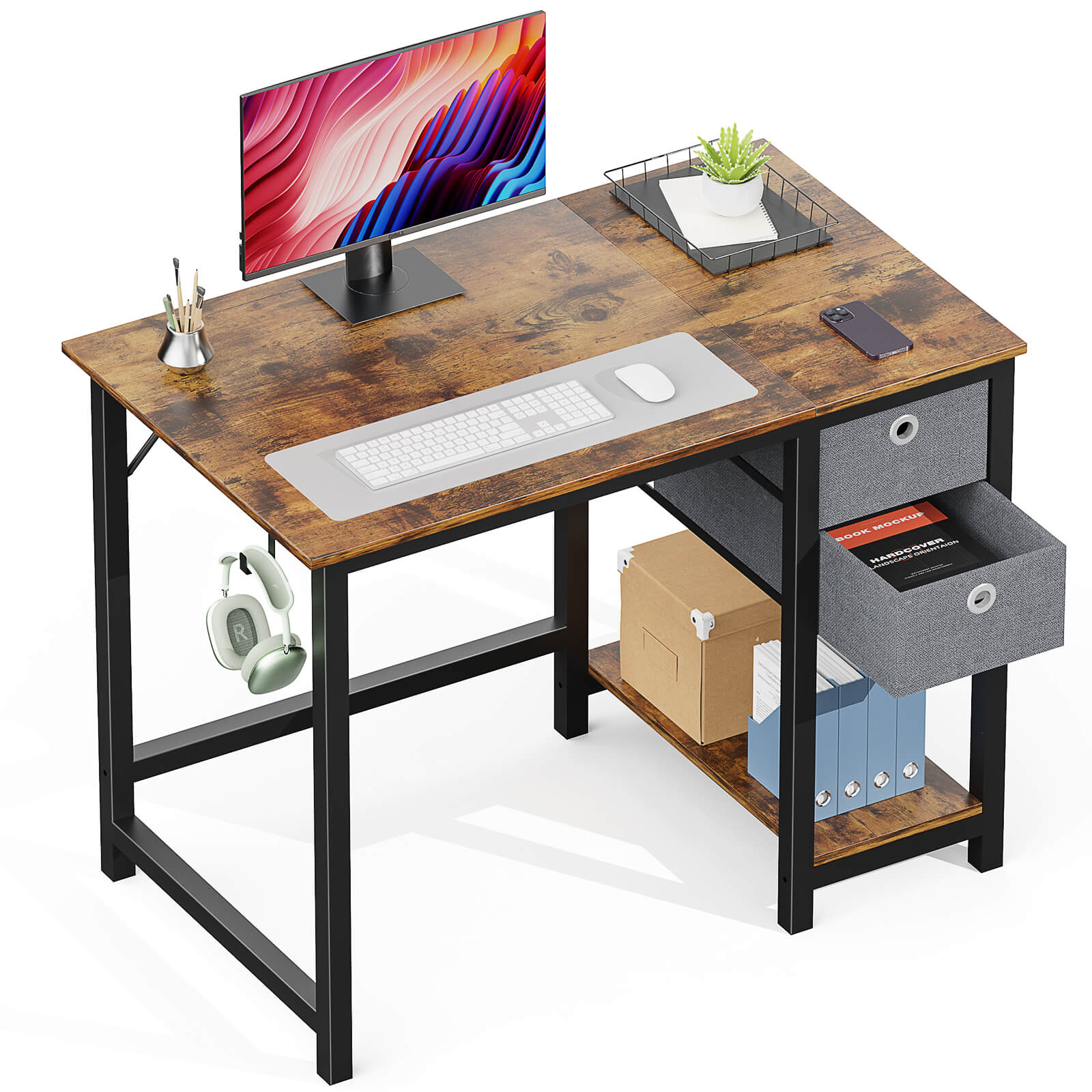 edx Computer Desk -40/47/55 inch Desk Study Desk with 2 Drawer Storage Shelf Headphone Hook for Bedroom, Game Room, Office, Living Room