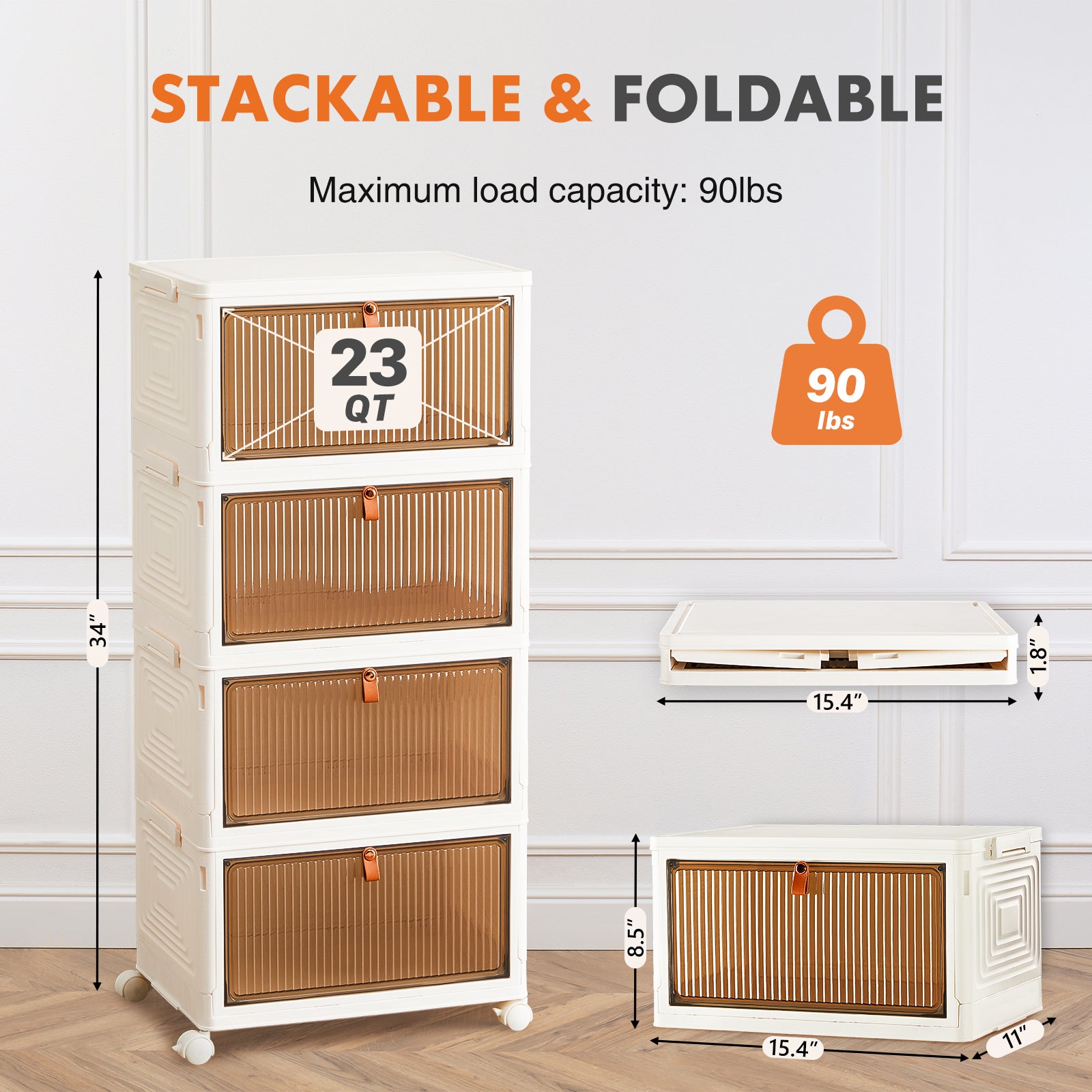 Stackable Storage Bins with Lids and Wheels, 23QT, 3 Pack, Collapsible Foldable Plastic Closet Organizer with Magnetic Doors