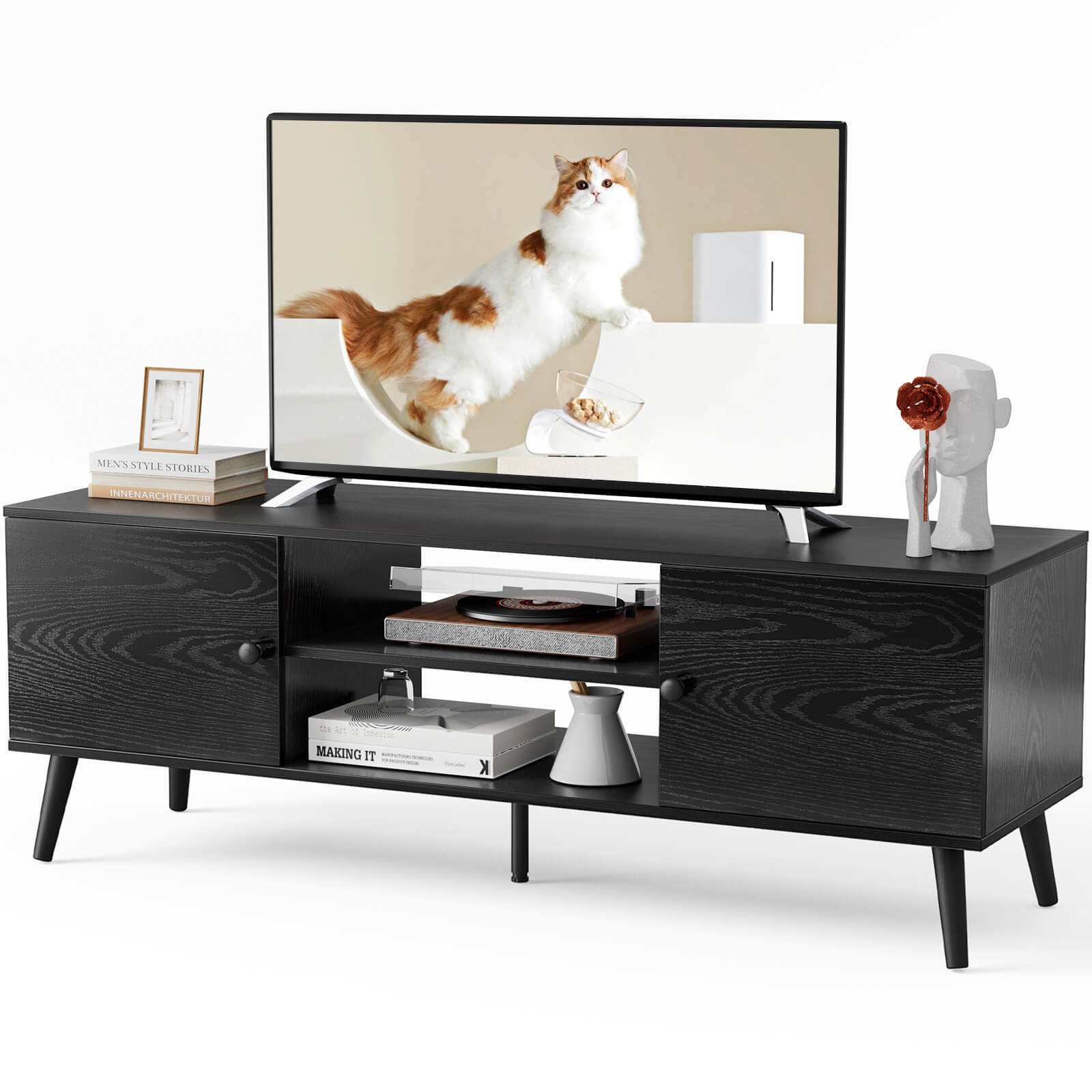 edx Wooden TV stand - for TVs up to 60 inches with adjustable shelves with double storage cabinets for living room, bedroom, patio, etc.