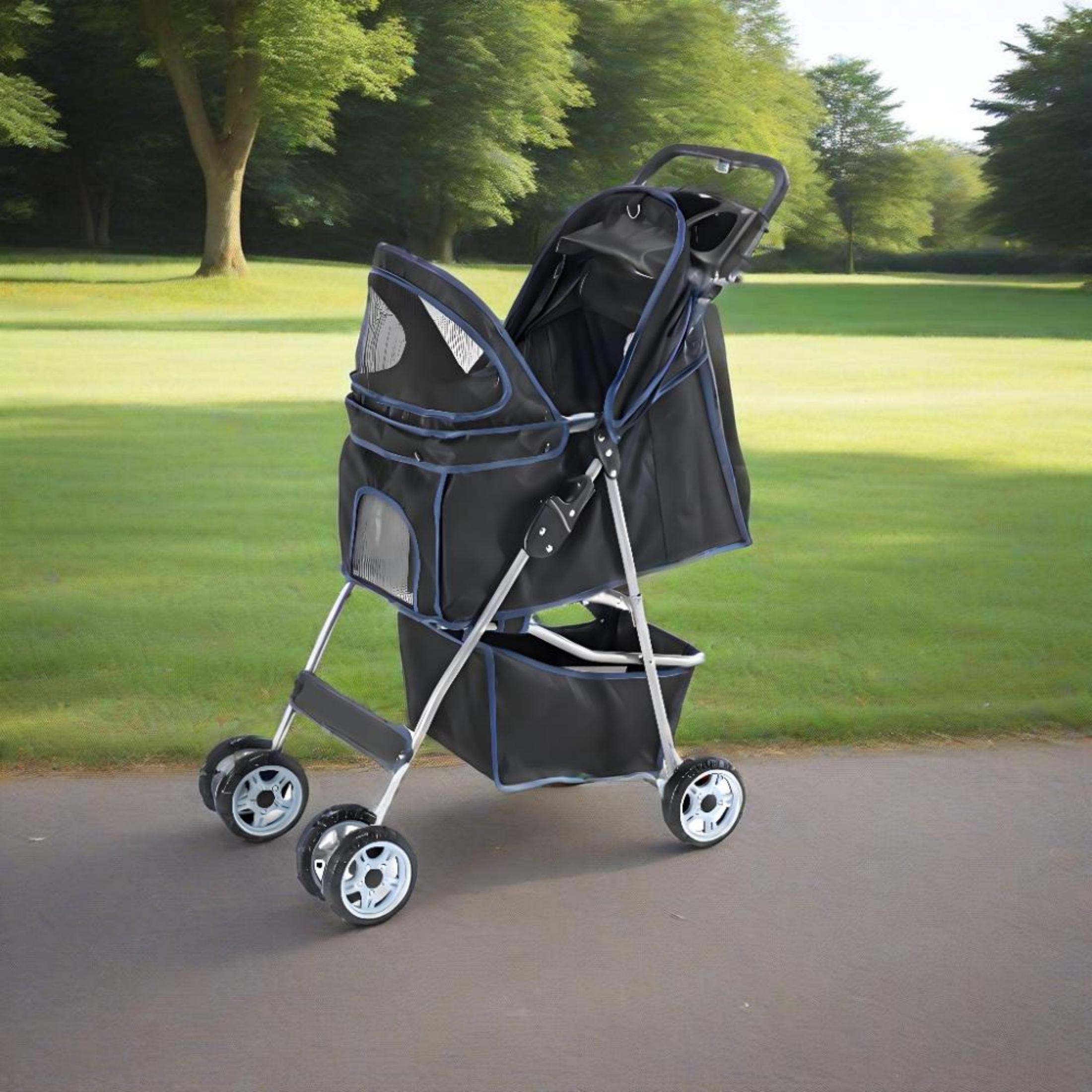 edx 4 Wheels Pet Stroller, Dog and Cat Strollers, With Storage Basket and Cup Holder, Lightweight Travel Carrier, Breathable Mesh, Waterproof and Foldable for Small Pets Outdoor Walk, Black