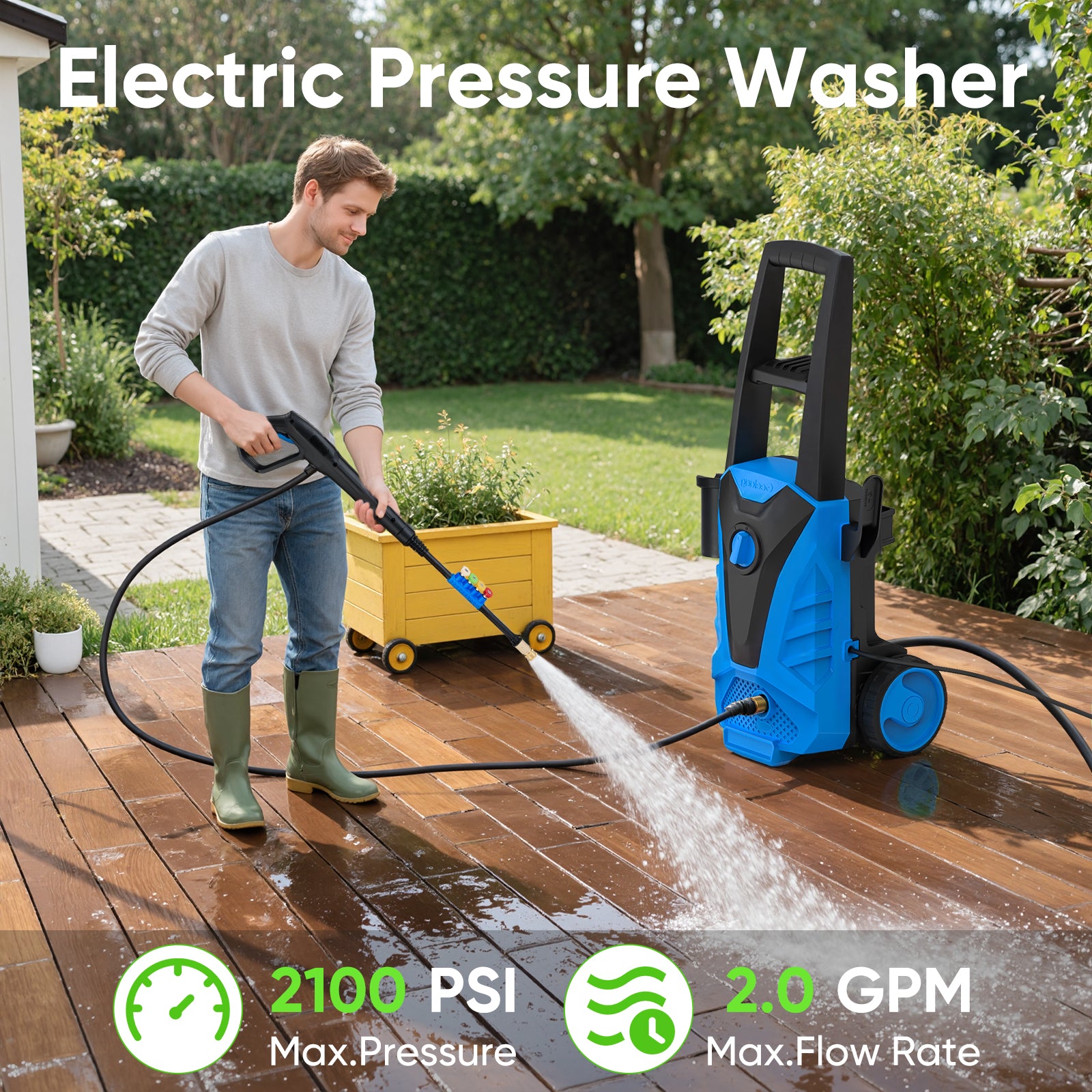 edx Electric Pressure Washer, High Pressure Cleaning Machine with 5 Quick Connect Nozzles & Foam Cannon, 2.0 GPM Power Washer for Fences Decks Patios Driveway Cleaning