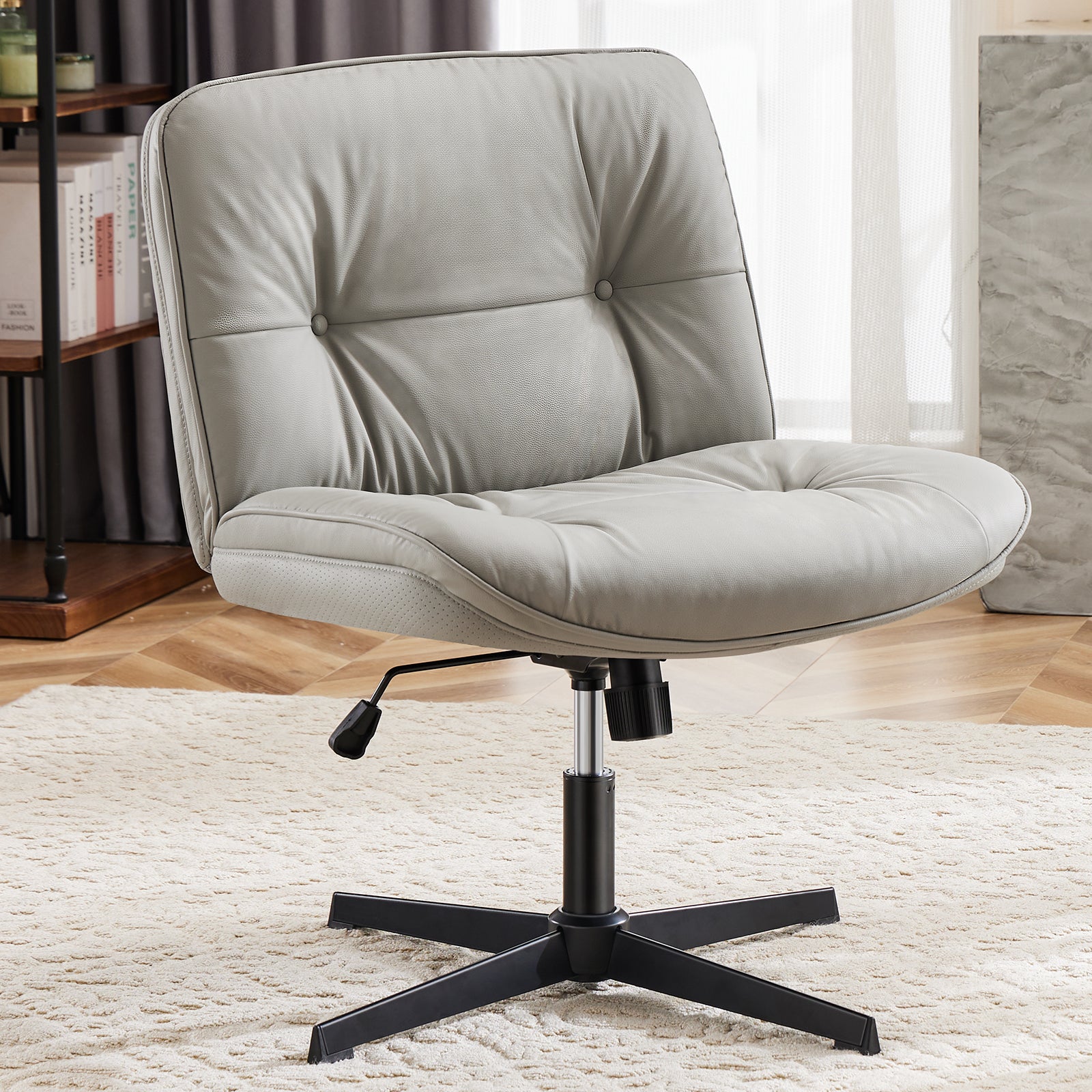 ZUNMOS Armless Office Chair without Wheels, Wide Ergonomic Artificial Leather Swivel Chair with Height Adjustable, Comfortable Computer Accent Chair for Living or Bed Room