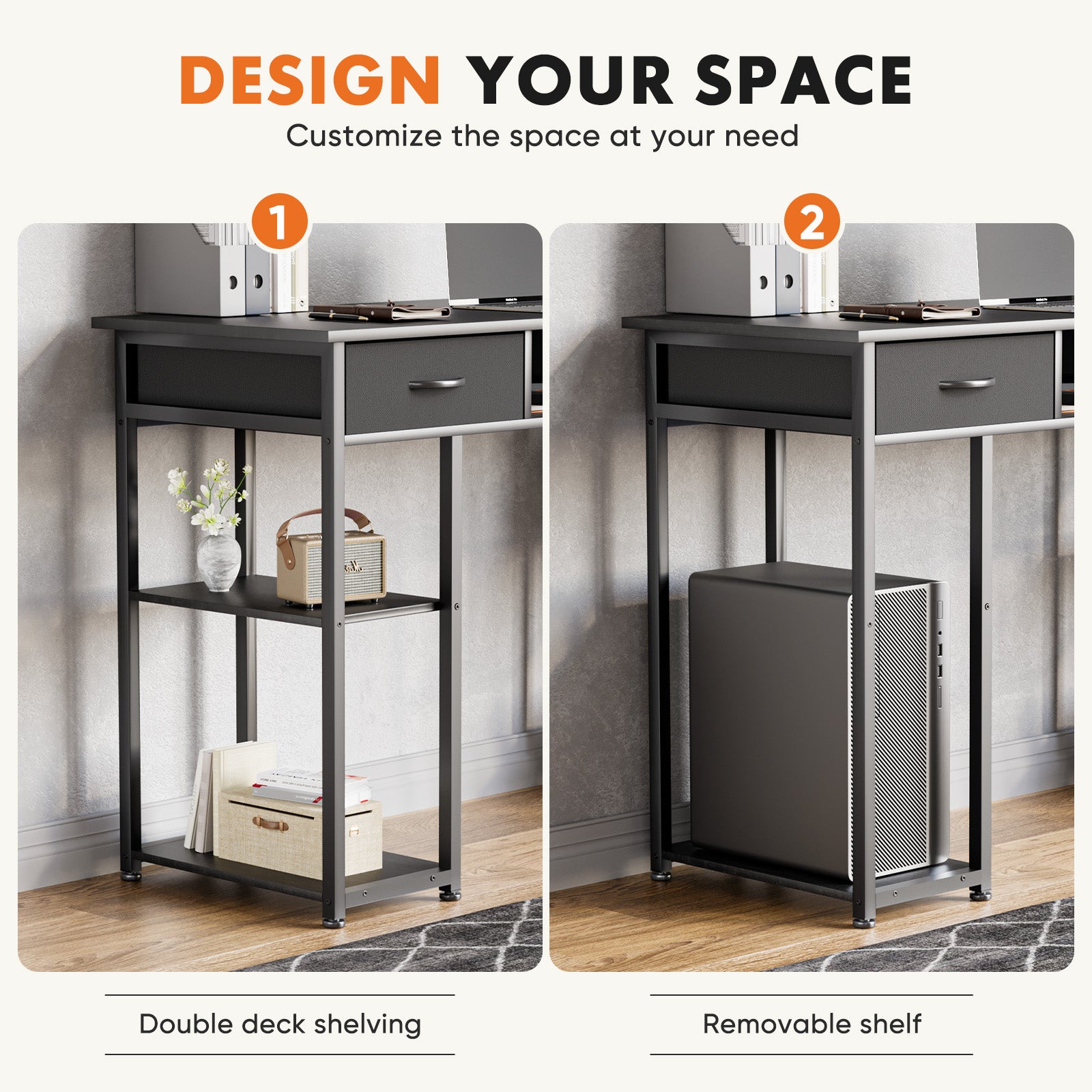 edx Small Desk Fabric Drawers & Storage Shelves, Home Office Computer Desk, Writing Desk Small Space Desk Study Table for Home, Bedroom, 48 Inch, Balck