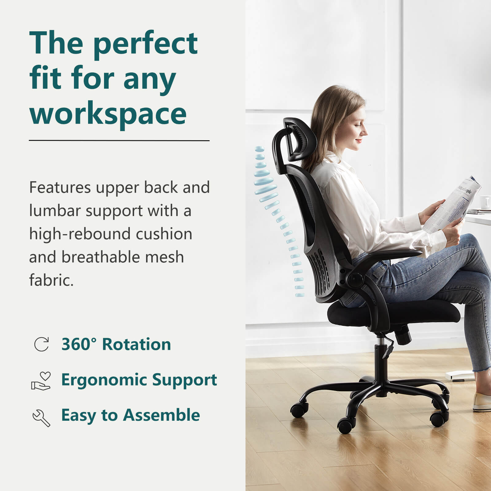 edx Ergonomic office chair - high back with wheels, adjustable headrest and flip-up armrests for bedroom, study, living room, office