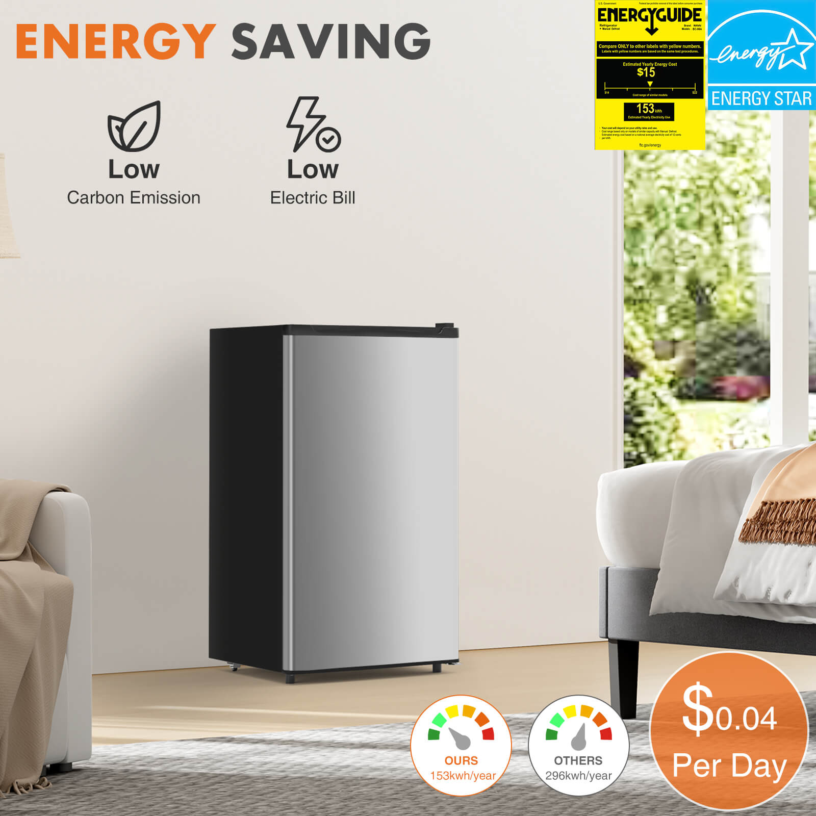 edx Mini Fridge with Freezer,3.2 Cu.Ft Small Refrigerator Single Door Adjustable Thermostat Energy-efficient Low Noise