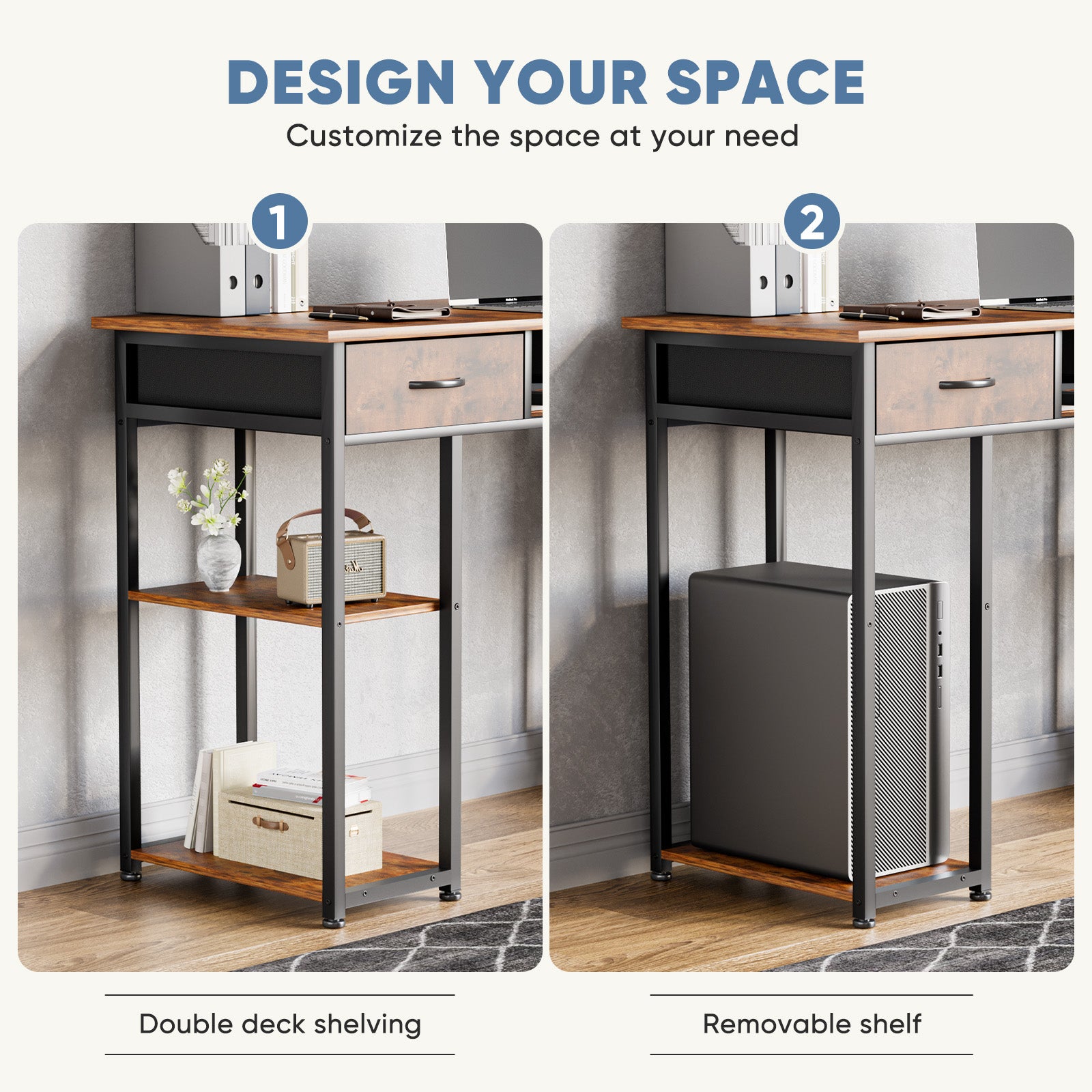 Small Desk Fabric Drawers & Storage Shelves, Computer Desk for Home, Bedroom