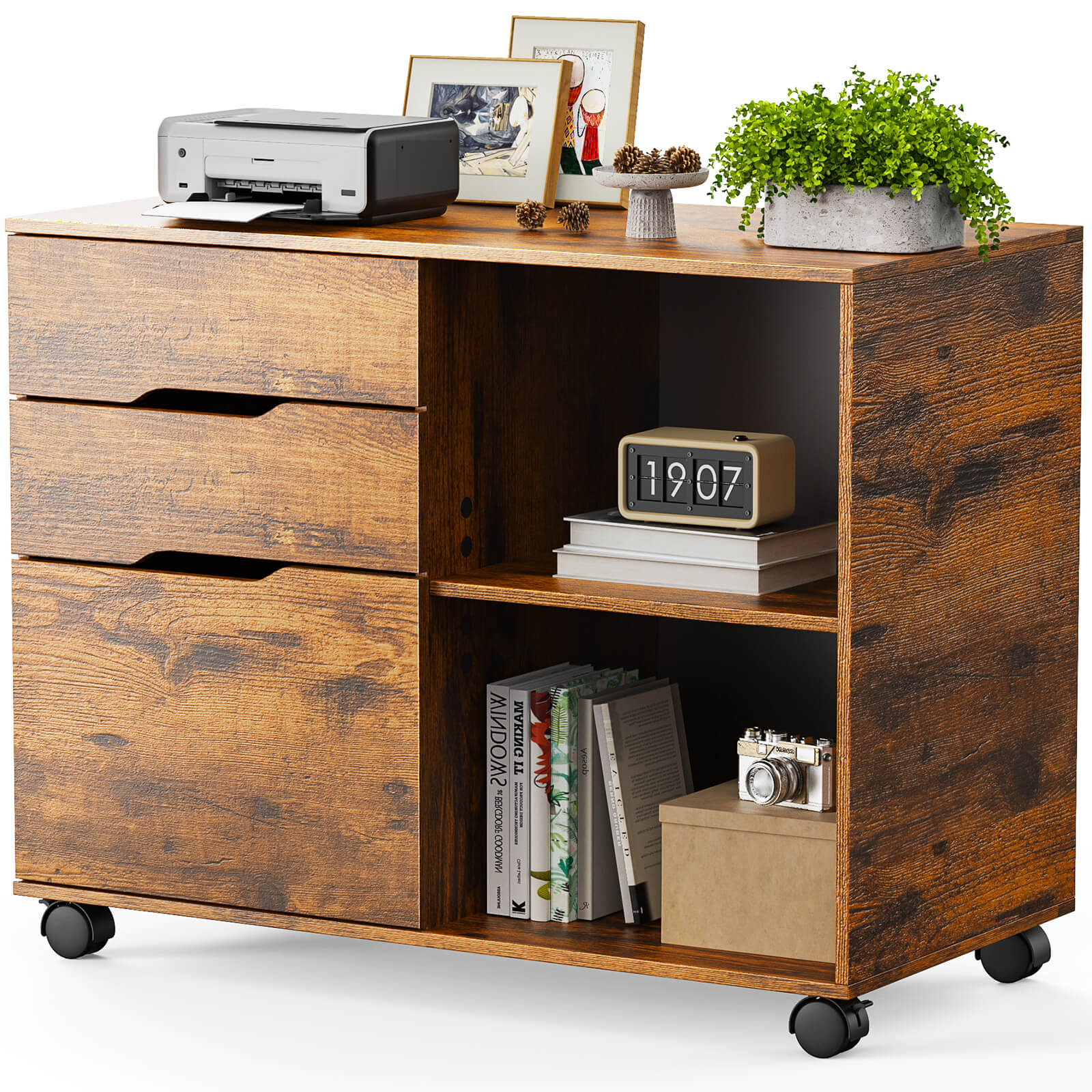 edx Lateral File Cabinet - with 3 Drawers, Rolling Wooden File Storage Drawer, Black Printer Stand Under Desk Organiser for Office, Home