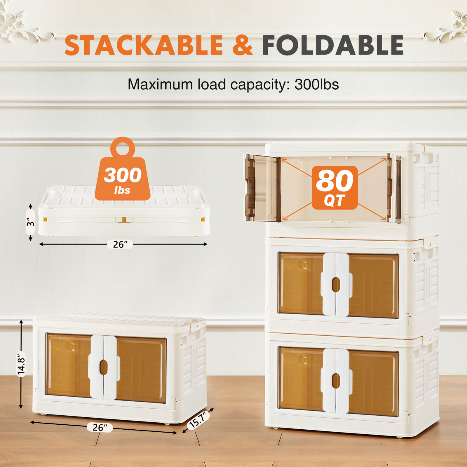 edx Stackable Plastic Storage Bins with Lids -Foldable Storage Boxes with Doors & Wheels, Portable and Lockable Organizer Boxes for Living Room, Bedroom