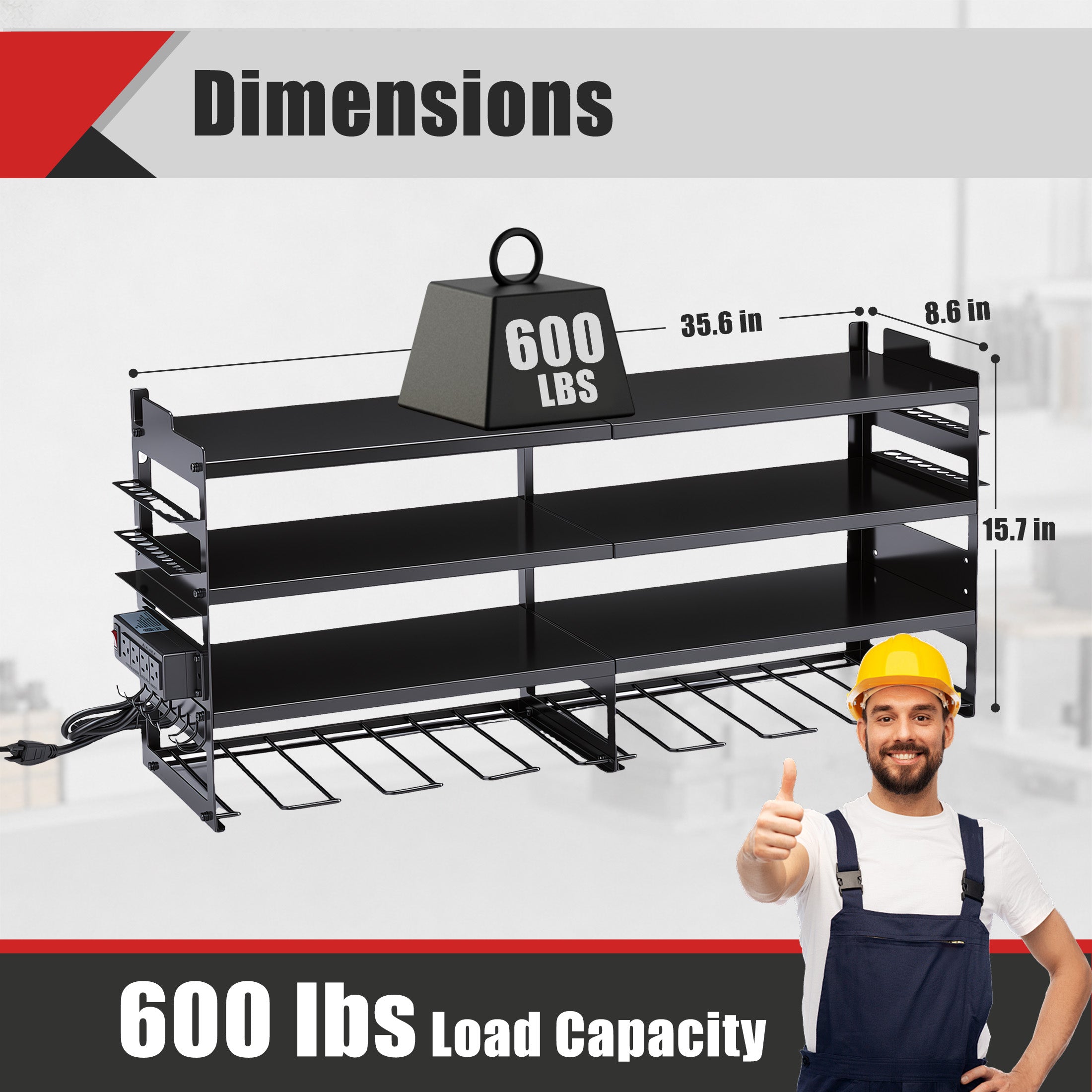 EDX Heavy Duty 4-Tier Power Tool Organizer Wall Mount, Garage Storage Rack with 8 Built-in Drill Holders and 4 AC Outlets, Ideal for Workshop, Tool Room, and Home Garage, 600 LBS Capacity