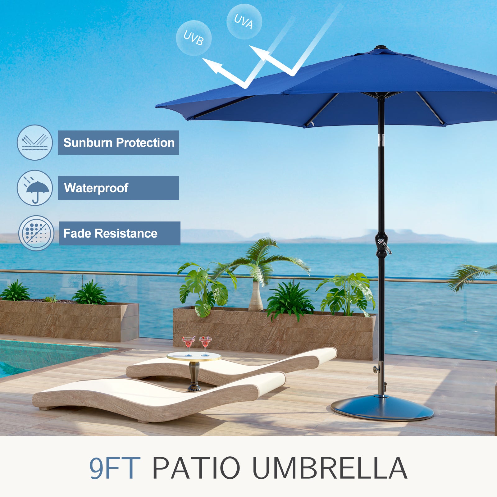 ZUNMOS 9FT Patio Umbrella with Push Button Tilt and Crank, with 8 Sturdy Ribs,Outdoor Umbrella, Pool Umbrella, for Market, Terrace, Beach, Outdoor Restaurant