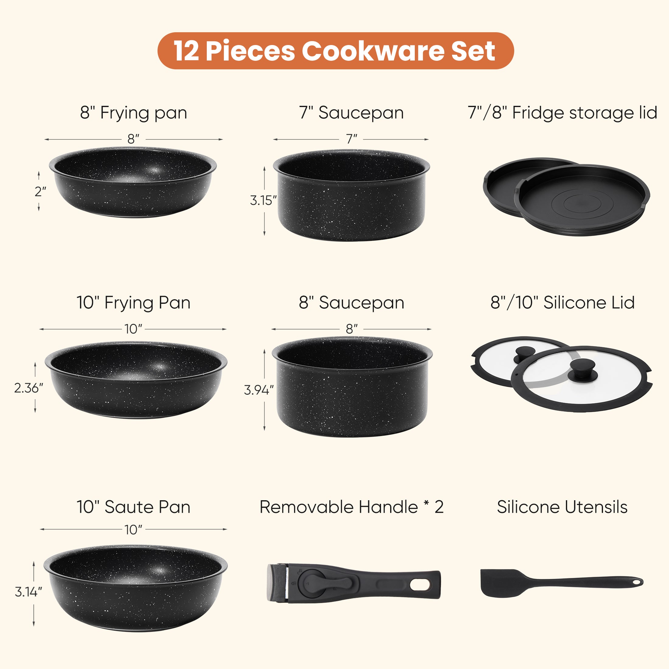 12Pcs Pots and Pans Set-Nonstick Kitchen Cookware, with Detachable Handle, Induction Cookware, Dishwasher Oven Safe