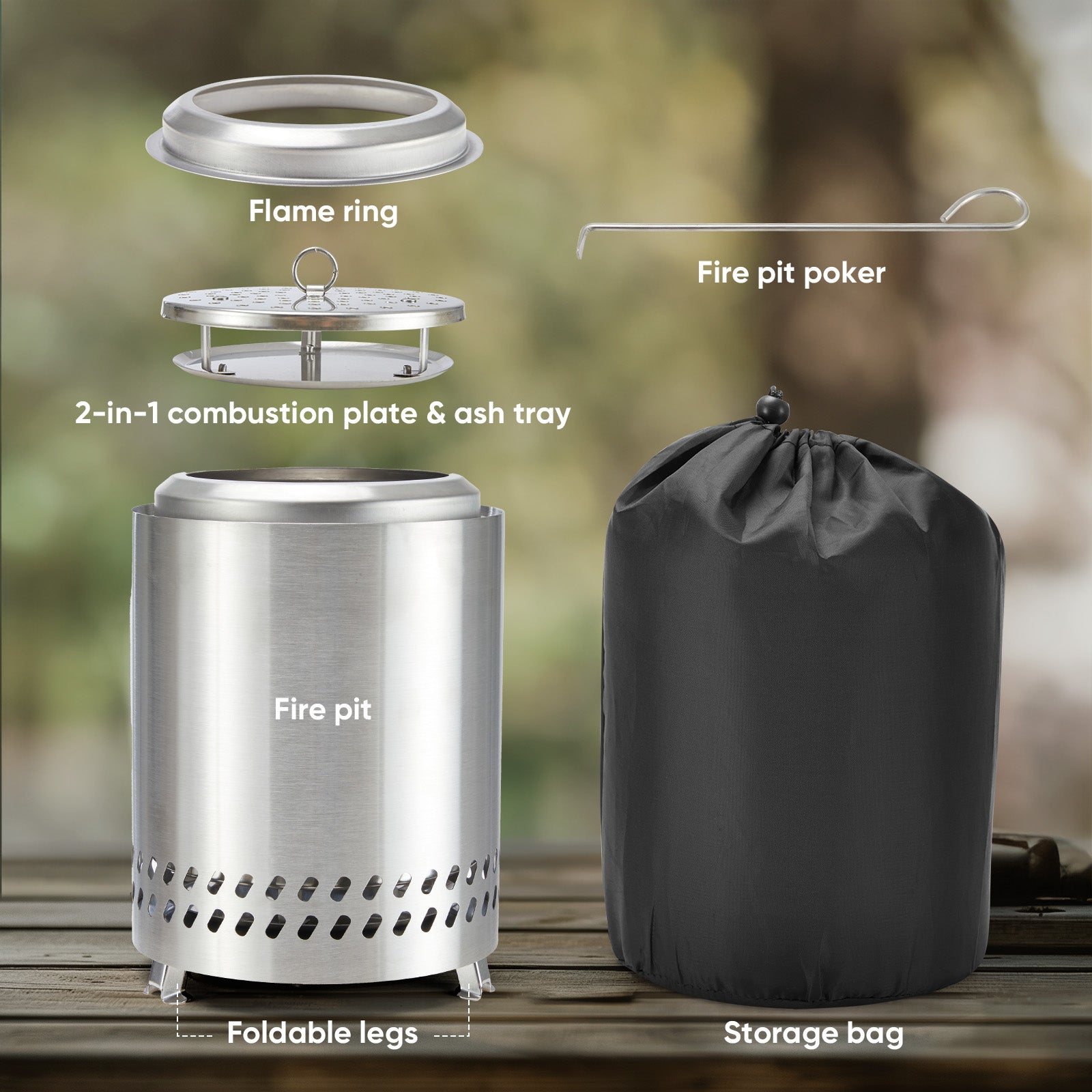 7 Inch Solo Stove, Smokeless Portable Stainless Steel Firepits with Foldable Leg and Removable Ash, for Outdoor, Camping and Patio