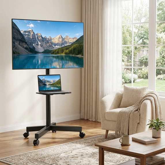 EDX Rolling Mobile TV Cart with Locking Wheels, Height & Tilt Adjustable Stand with Media Shelf for 23-60 Inch TVs, Max VESA 400x400mm, Holds 88lbs