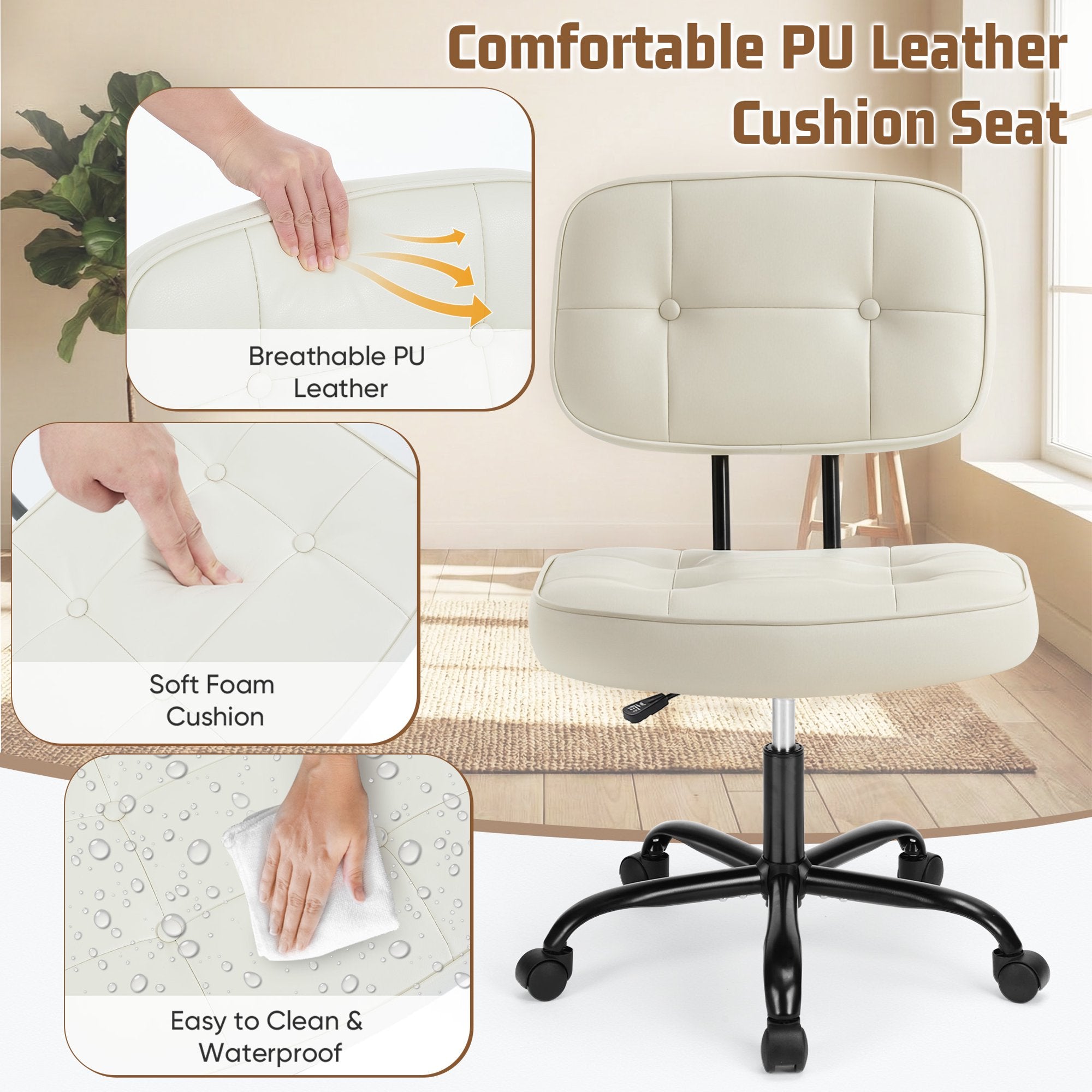edx Armless Office Chair with Wheels for Adults and Teens, Low Back Lumbar Support and Height Adjustment Office Desk Chair