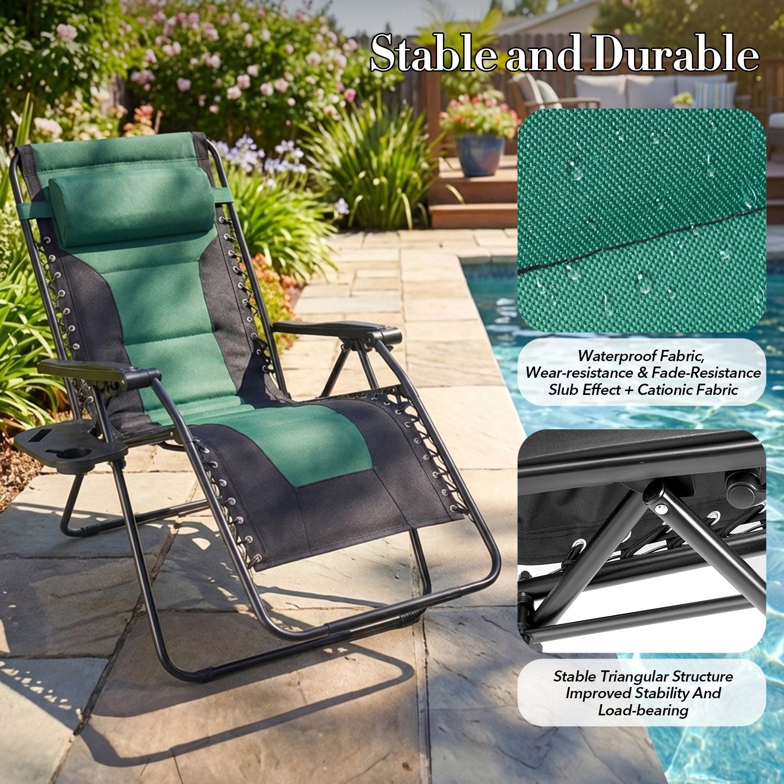 EDX Zero Gravity Chair XL Padded Folding Outdoor Recliner with Headrest & Cup Holder Tray, Adjustable 0–170°, Heavy Duty Steel Frame, Patio Lawn Beach Lounge Chair