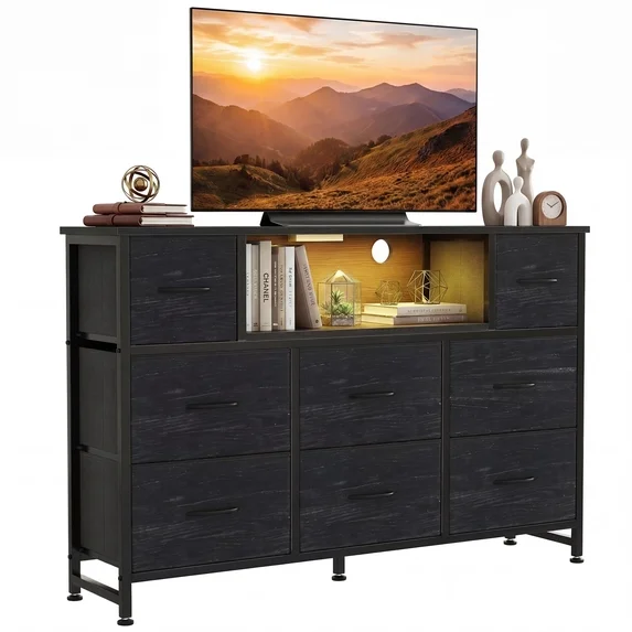 edx TV Stand with 8 Fabric Drawers, Open Shelves & LED & Power Outlets for Bedroom, Living Room, Entryway, Wood Top