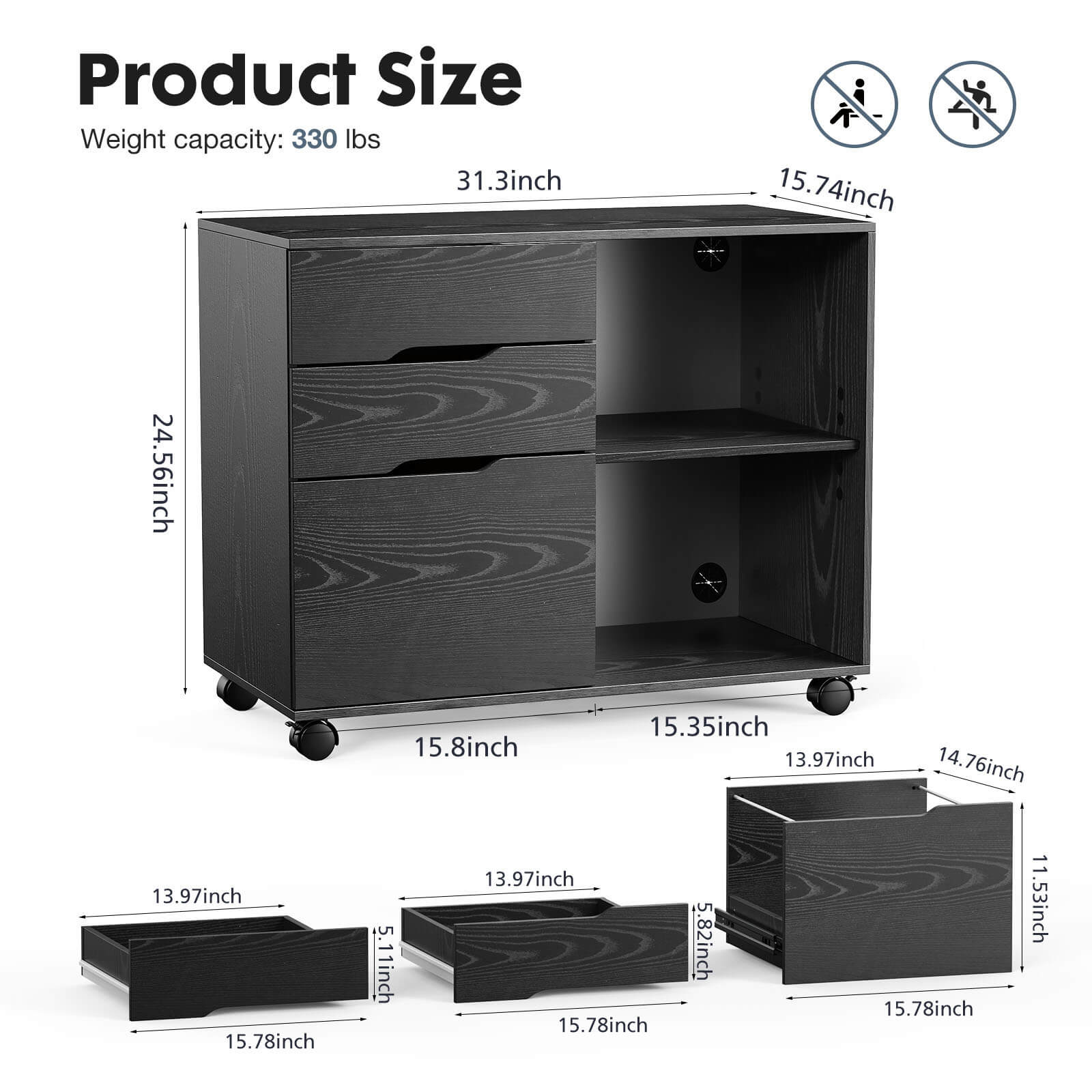 edx Lateral File Cabinet - with 3 Drawers, Rolling Wooden File Storage Drawer, Black Printer Stand Under Desk Organiser for Office, Home