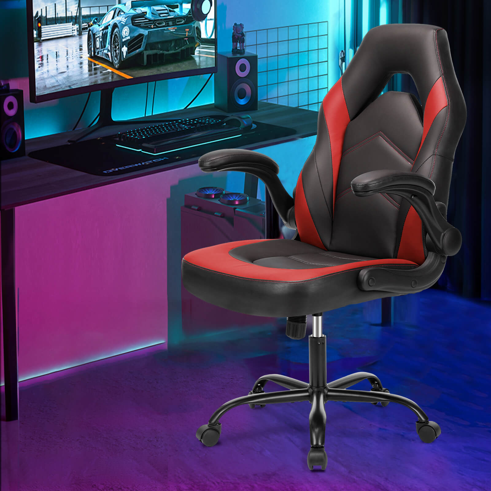 edx Ergonomic Leather Gaming Chair-Office Desk PU Leather Chair -up Armrests, Swivel Task Chair Adjustable Height for Adults Teens Kids
