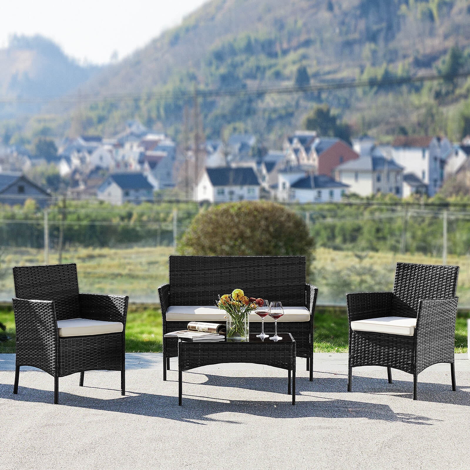 edx 3 Piece Patio Wicker Furniture Set , Patio Chair w/ Table w/ Cushions, Simple Modern Comfort