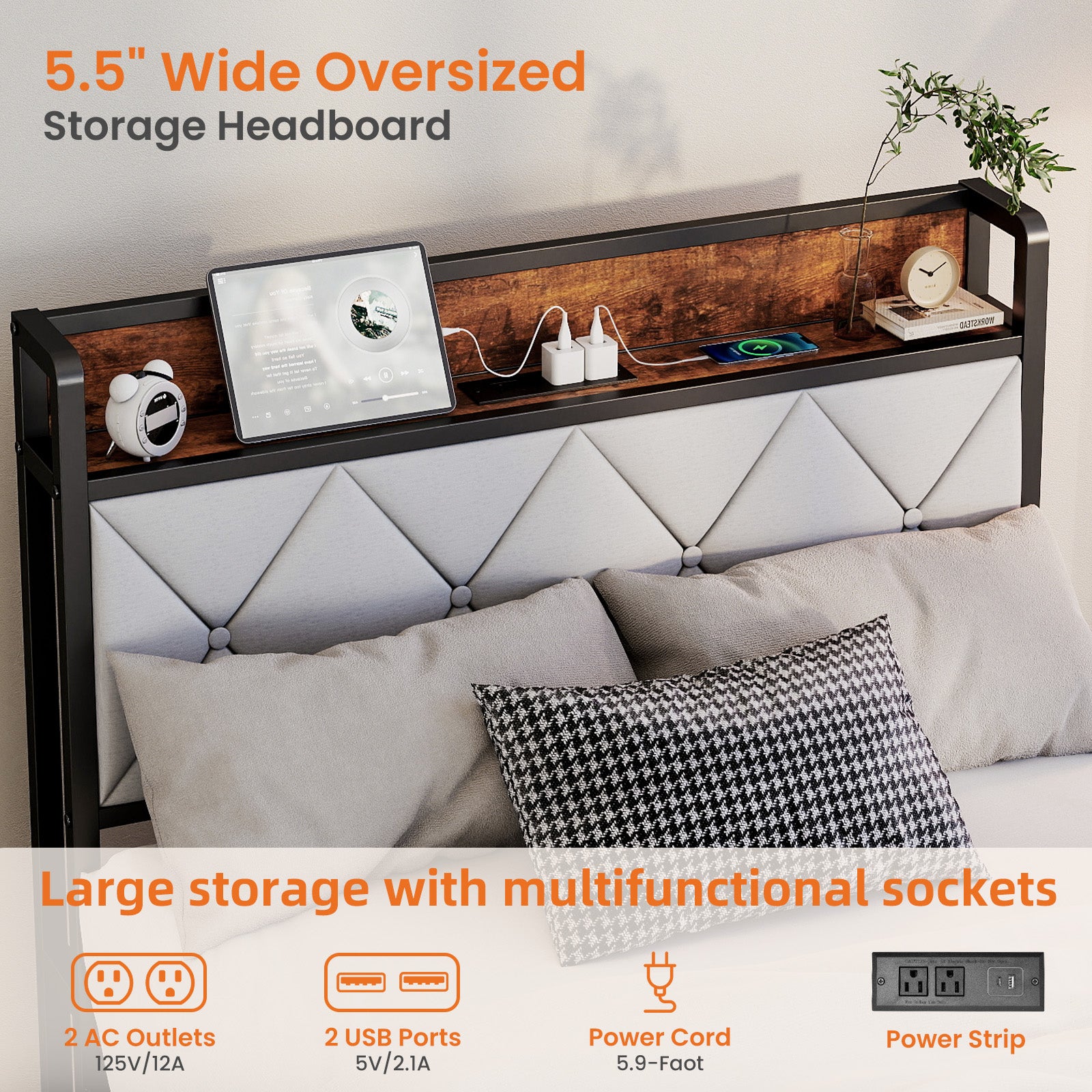 EDX Bed Frame with Headboard Integrated Charging Station, Spacious Underbed Storage,Simple No-Tool Assembly, No Box Spring Required
