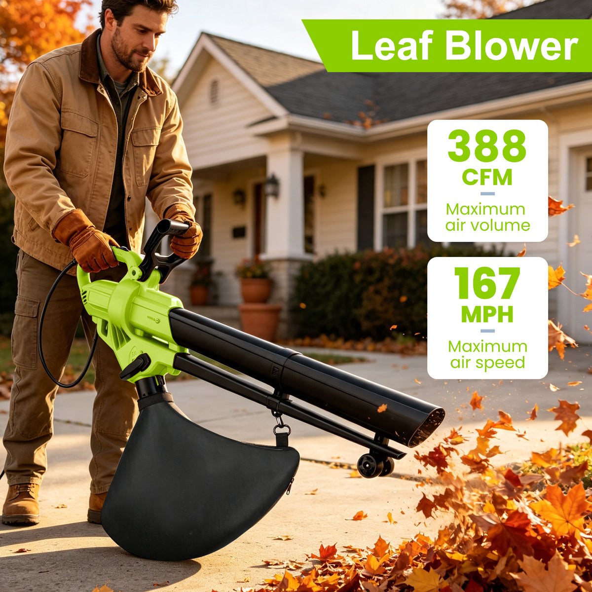 EDX 3-in-1 Corded Leaf Blower, Vacuum and Mulcher, 500 CFM 167 MPH Electric Yard Cleaner with 40L Collection Bag