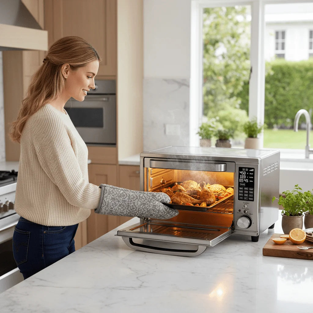 EDX 28L Silver Single-Door Air Fryer Oven, 4-in-1 Functions, 120V, 0-60min Timer, Free Tray & Rack & Tongs, Household Kitchen Use