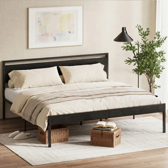 edx Bed Frame, Heavy Duty Metal Platform Bed with Wooden Headboard, 1000-LB Capacity, Under-Bed Storage, No Box Spring Needed