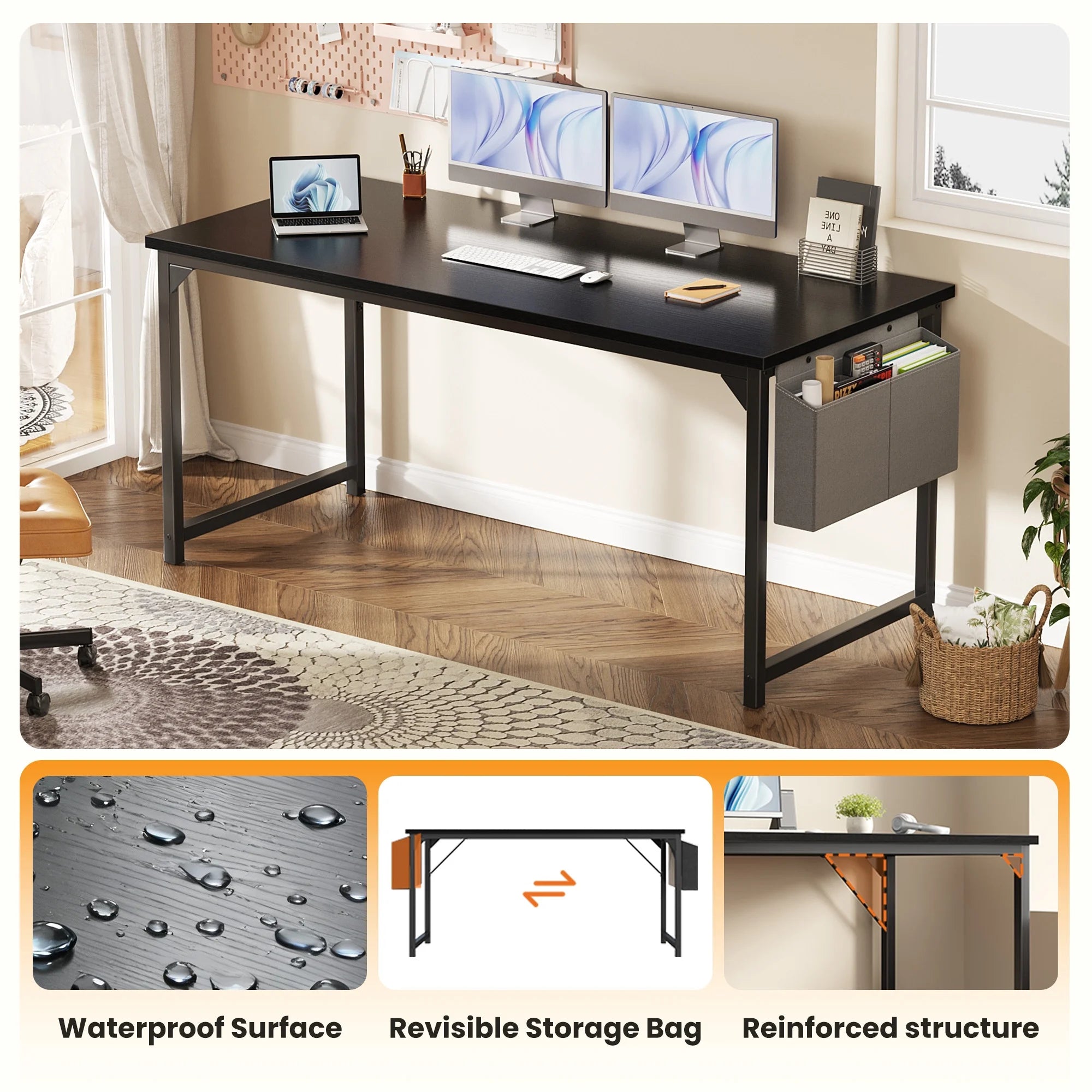 EDX 63" Computer Desk with Metal Frame, Waterproof Surface & Storage Bag – Ideal for Office Use, Black