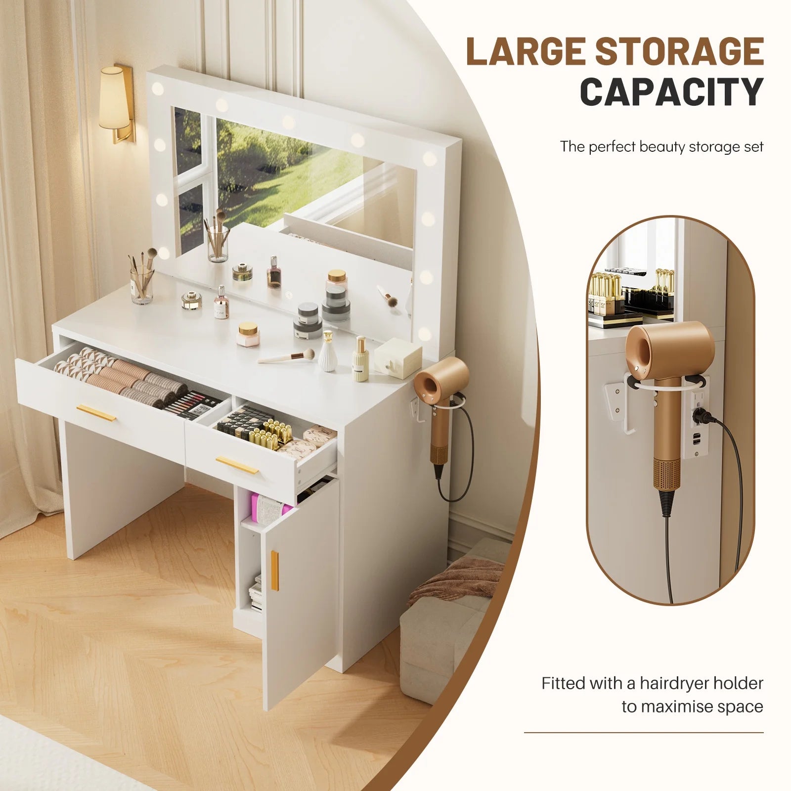 ZUNMOS Vanity Desk with Mirror and Lights, Makeup Vanity Table with Hair Dryer & Power Outlet, 2-Drawer Dressing Table for Bedroom,White