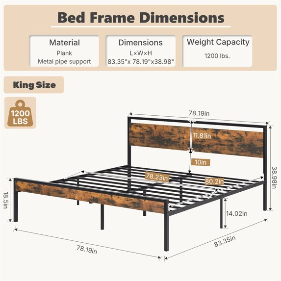edx Bed Frame, Heavy Duty Metal Platform Bed with Wooden Headboard, 1000-LB Capacity, Under-Bed Storage, No Box Spring Needed