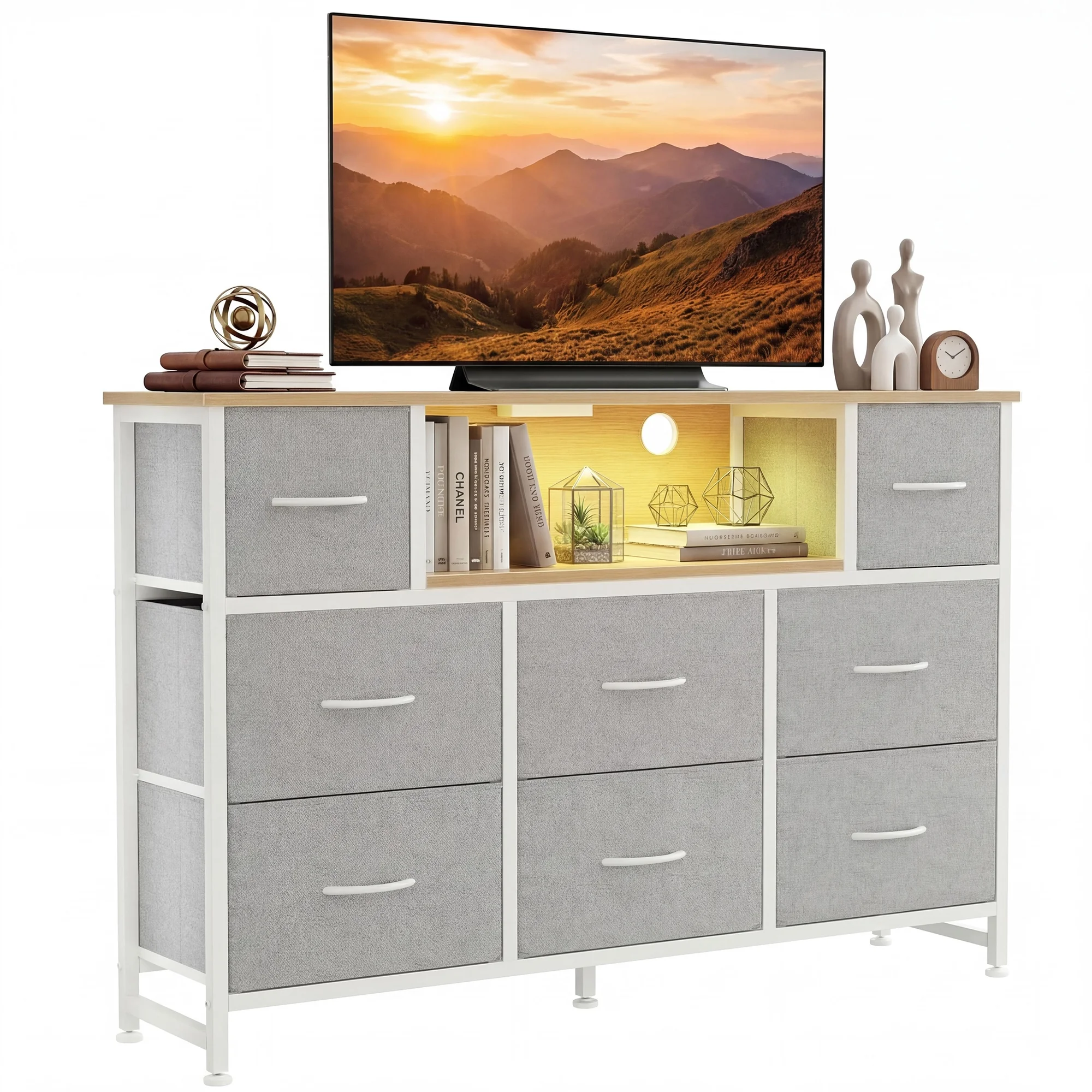 edx TV Stand with 8 Fabric Drawers, Open Shelves & LED & Power Outlets for Bedroom, Living Room, Entryway, Wood Top