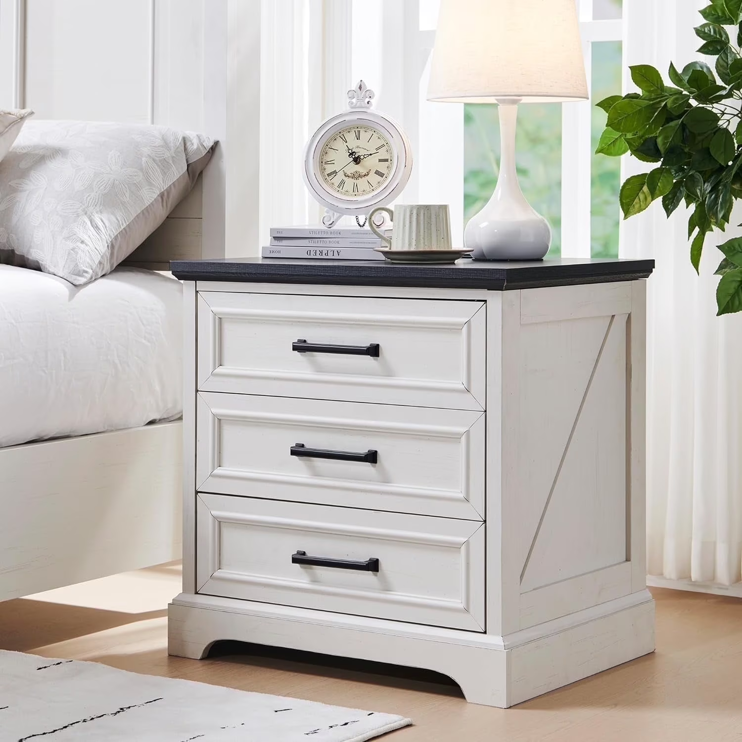 EDX Wood Nightstand with Drawers and Charging Station, Bedside Table for Bedroom or Living Room